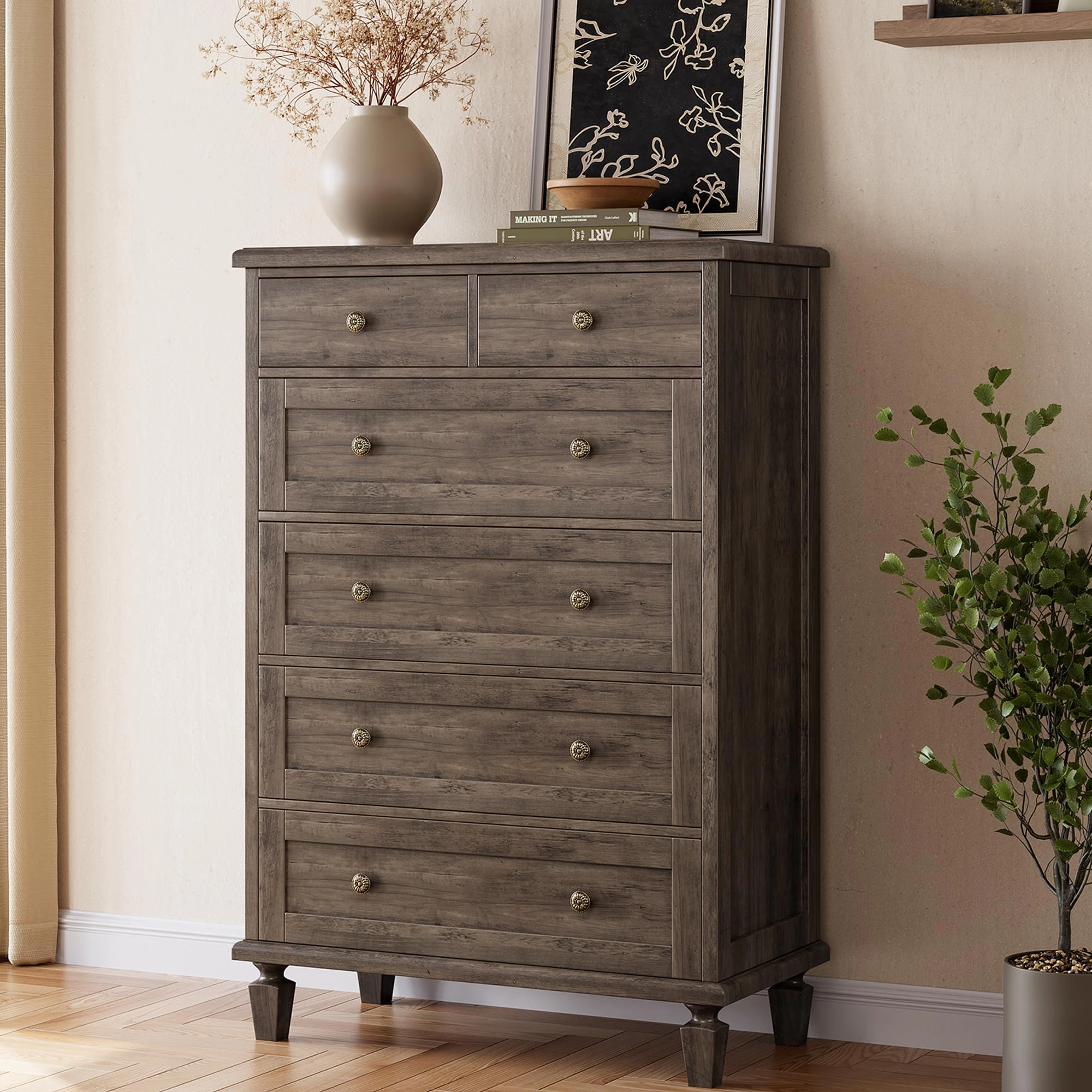 47" Tall Vintage 6 Drawer Wood Dresser with Carved Handles & Tapered Legs for Bedroom
