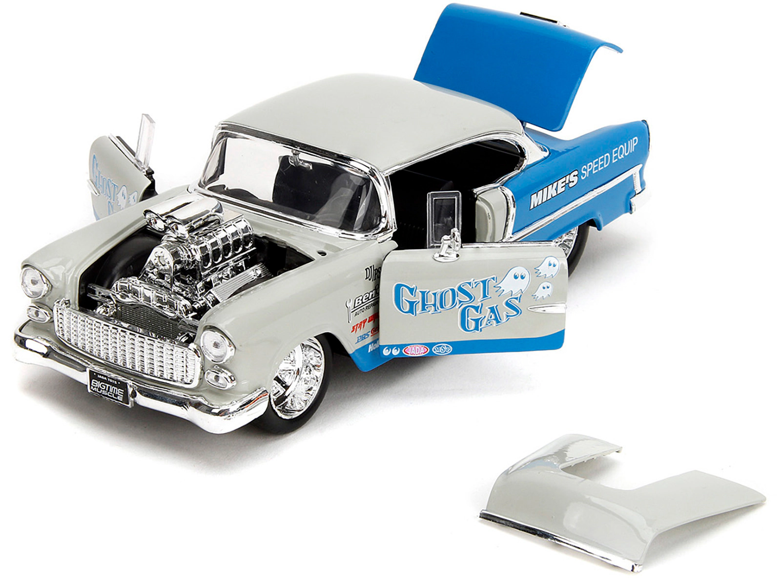 Jada 1955 Chevrolet Bel Air "Ghost Gas - Mike'S Speed Equip" Light Gray And Blue "Bigtime Muscle" Series 1/24
