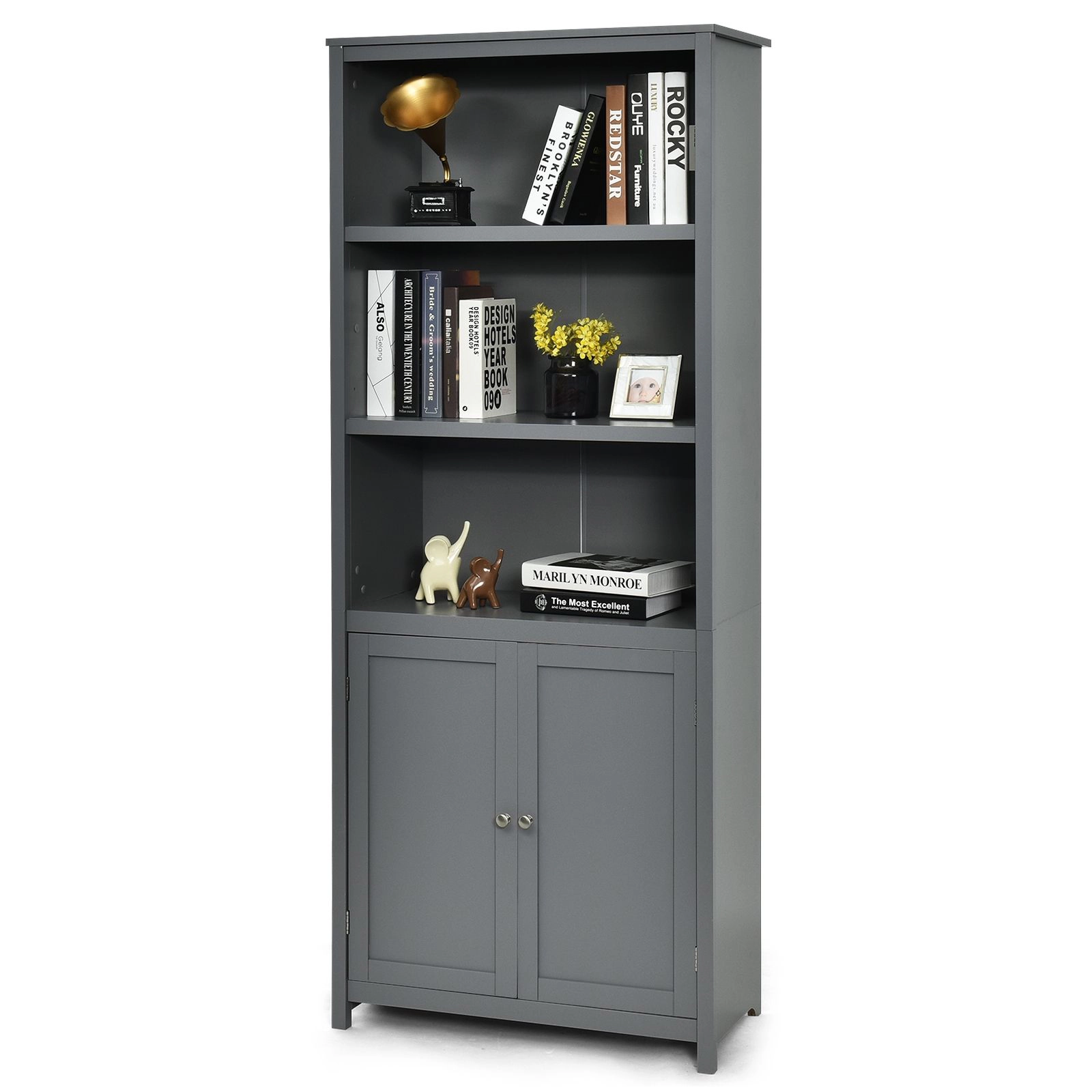 SlickBlue Unisex Gray 3-Tier Storage Shelf with Cabinet Bookcase