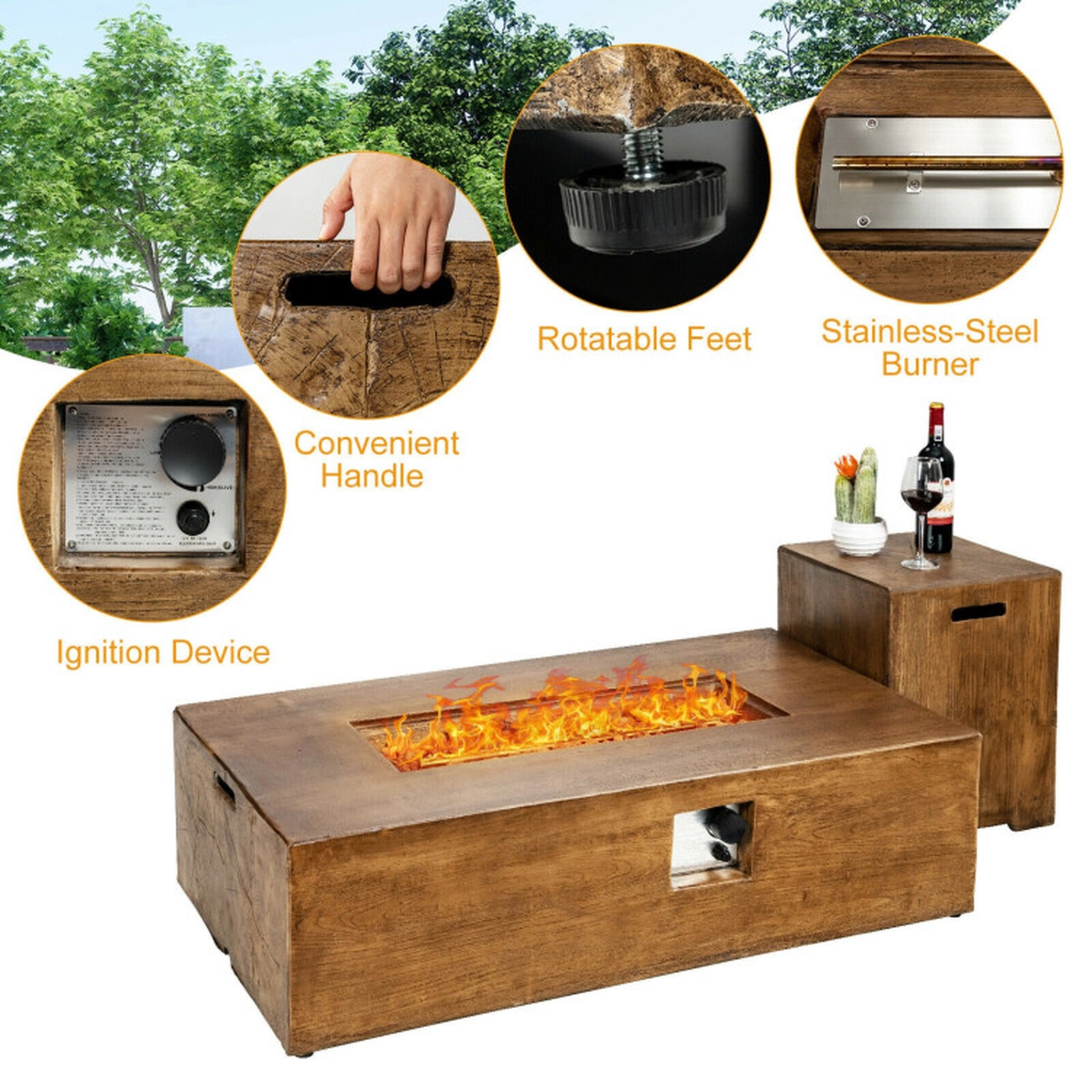 SUGIFT 2-Piece Brown Rectangular Propane Fire Pit Table Set with Hideaway Tank Holder 48-in W 27-in D 13.5-in H