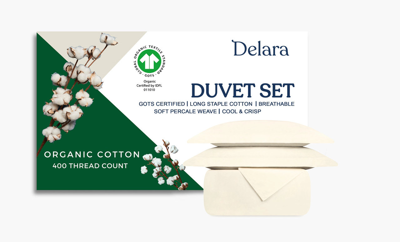 Delara GOTS Certified 100% Organic Cotton Percale Duvet Cover Set 400TC, Smooth & Breathable, for Hot Sleepers