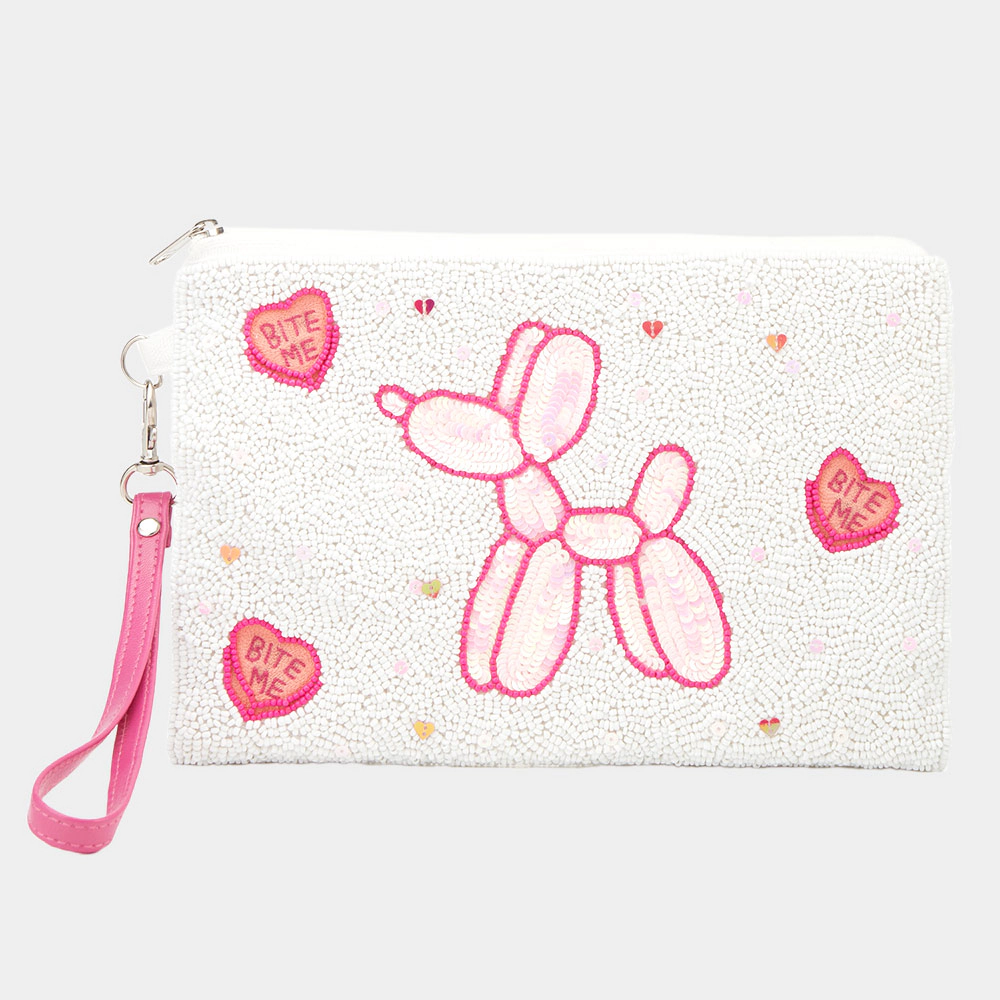 FASHNZFAB Balloon Dog Heart Beaded Wristlet Clutch Bag