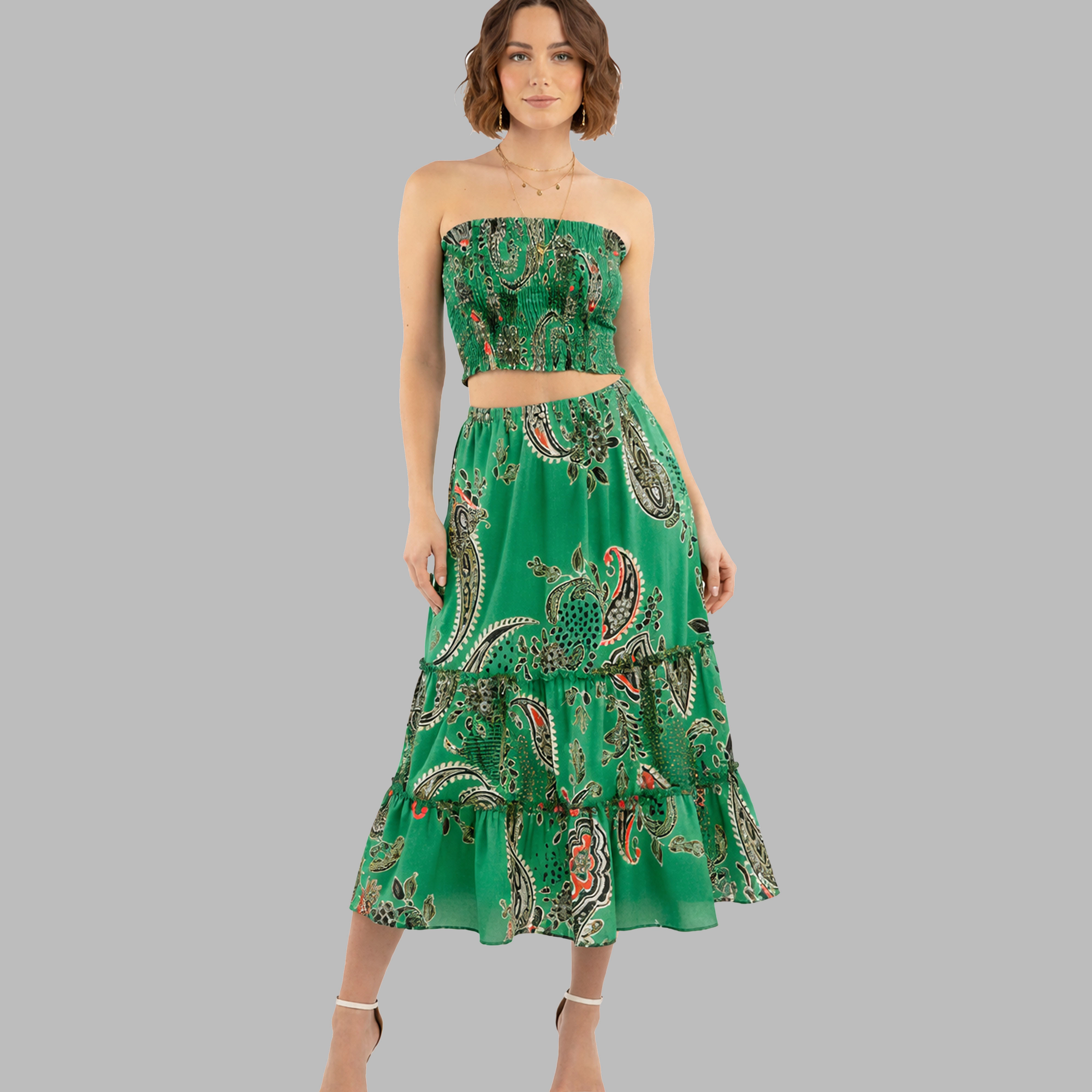 Artyska Women’s Paisley Strapless Crop Top & Tiered Midi Skirt Set