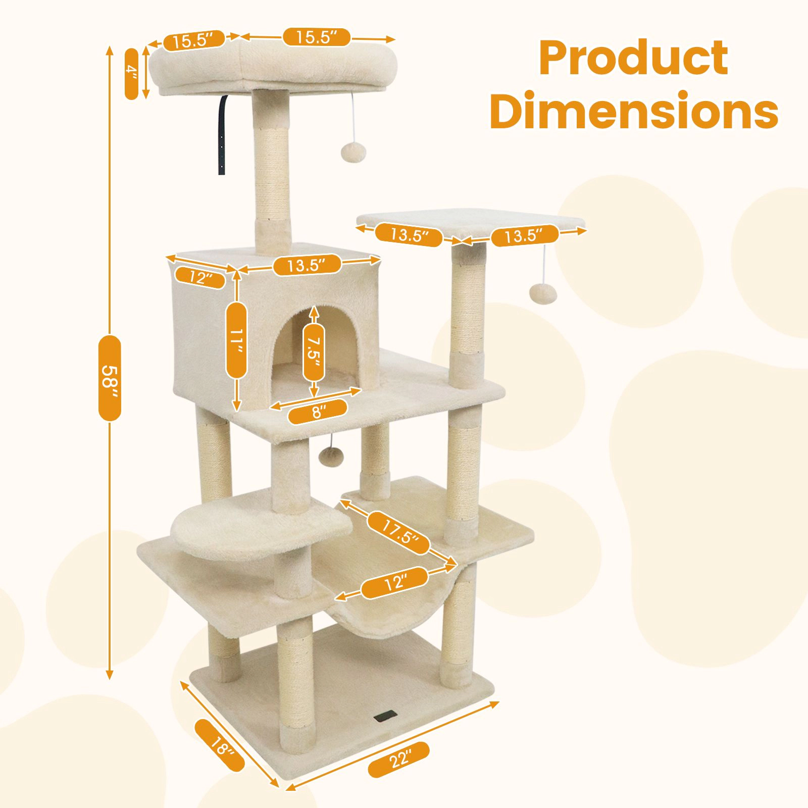 SlickBlue 58" Cat Tree Tower with Condo, Hammock & Scratching Posts