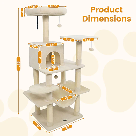 SlickBlue 58" Cat Tree Tower with Condo, Hammock & Scratching Posts