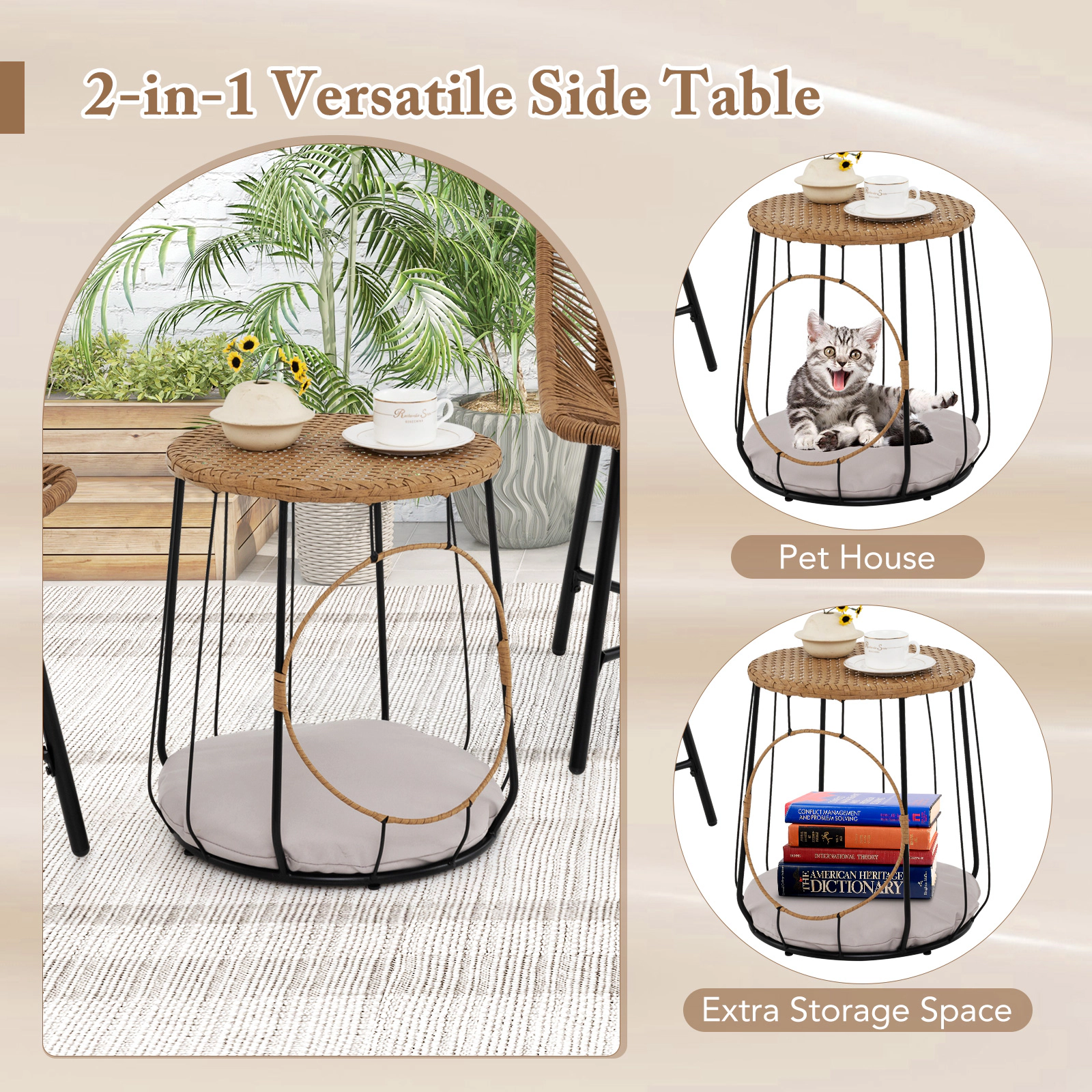 SUGIFT 2-in-1 Side Table and Pet House 3-Piece Brown Patio Rattan Chair Set