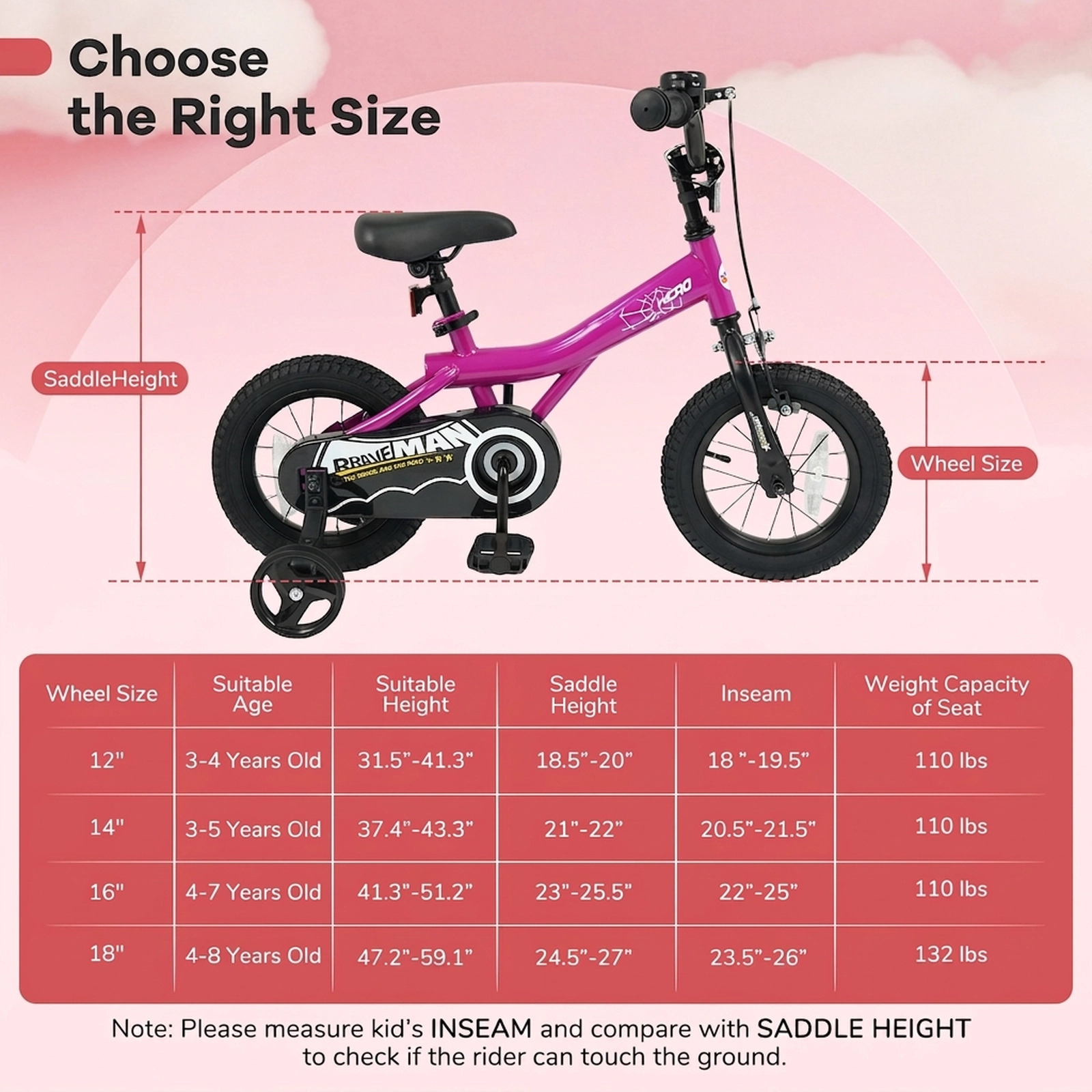 12-in Kids Bike Ages 3-4 Removable Training Wheels Bell Reflectors Dual Brakes Adjustable 18.5-in to 20-in Saddle Pink
