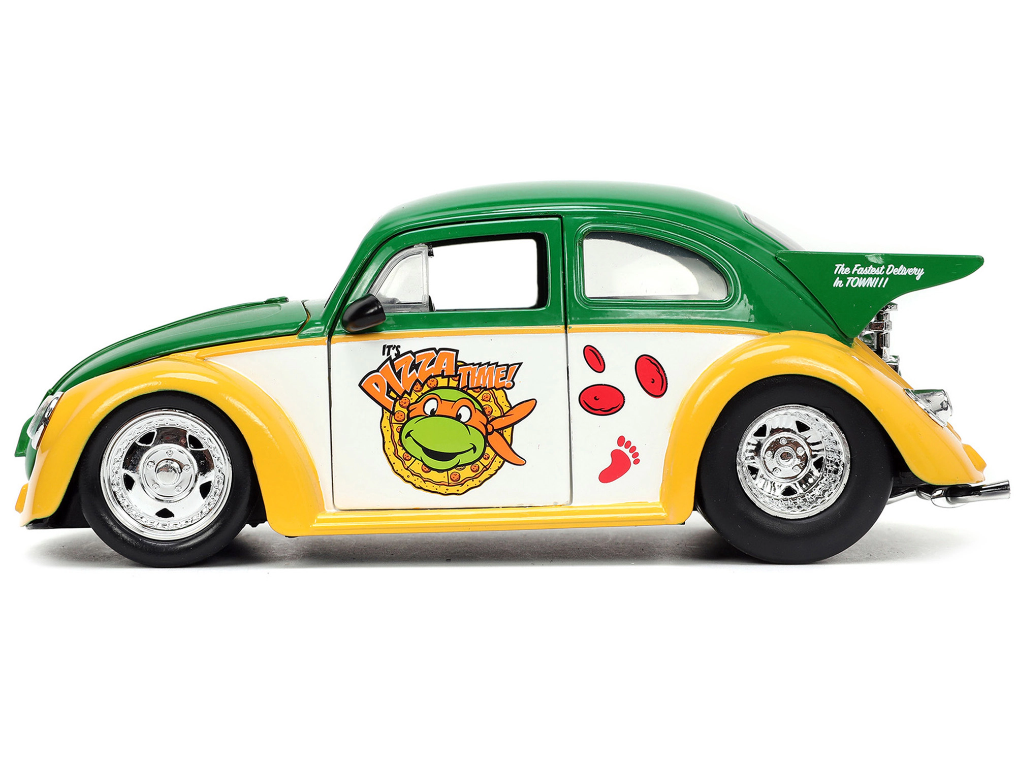 Jada 1959 Volkswagen Drag Beetle Green and Yellow and Michelangelo Diecast Figure "Teenage Mutant Ninja