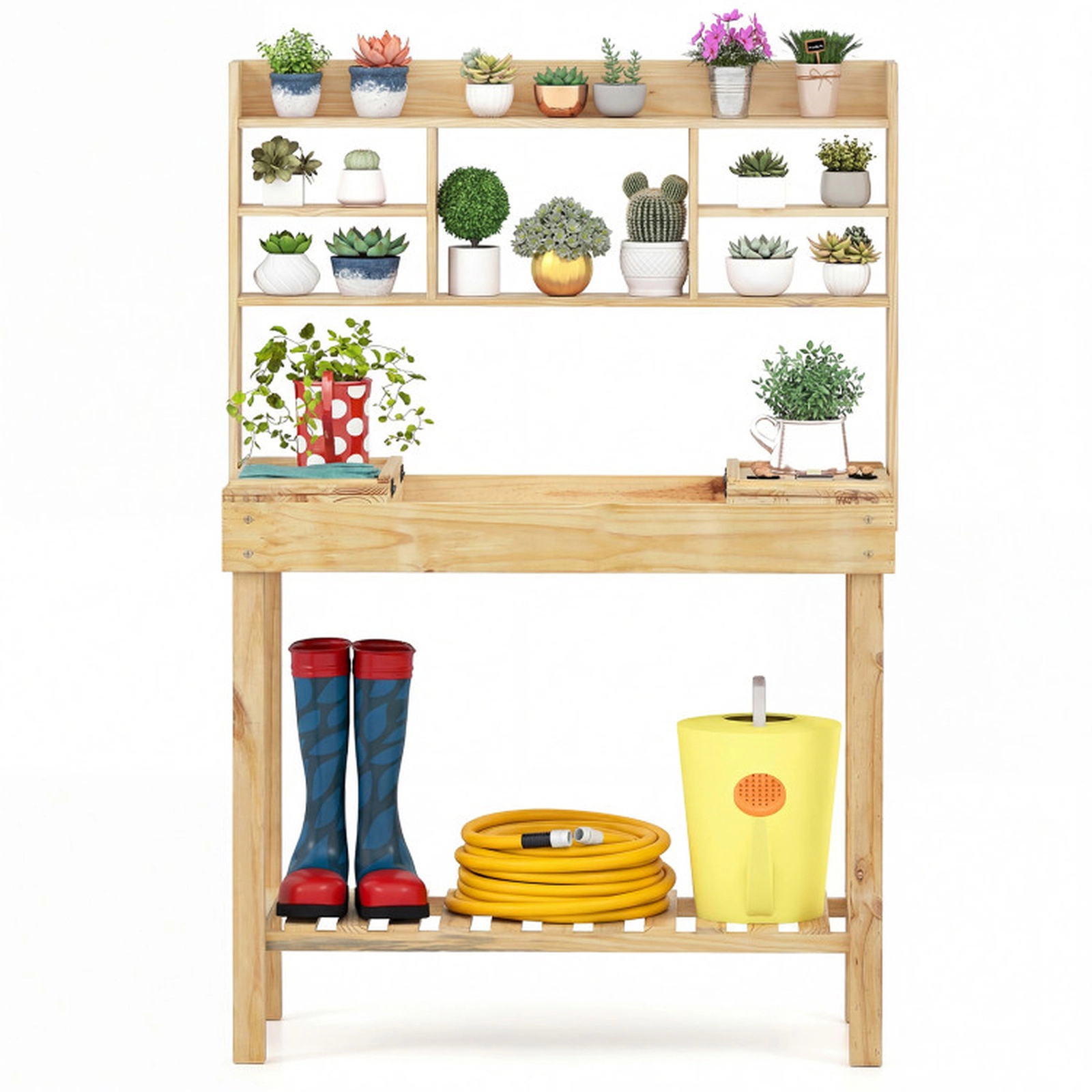 SUGIFT 100-lb Capacity 60-in Natural Wooden Potting Bench Table with 3-Tier Shelf and Flip-Up Top