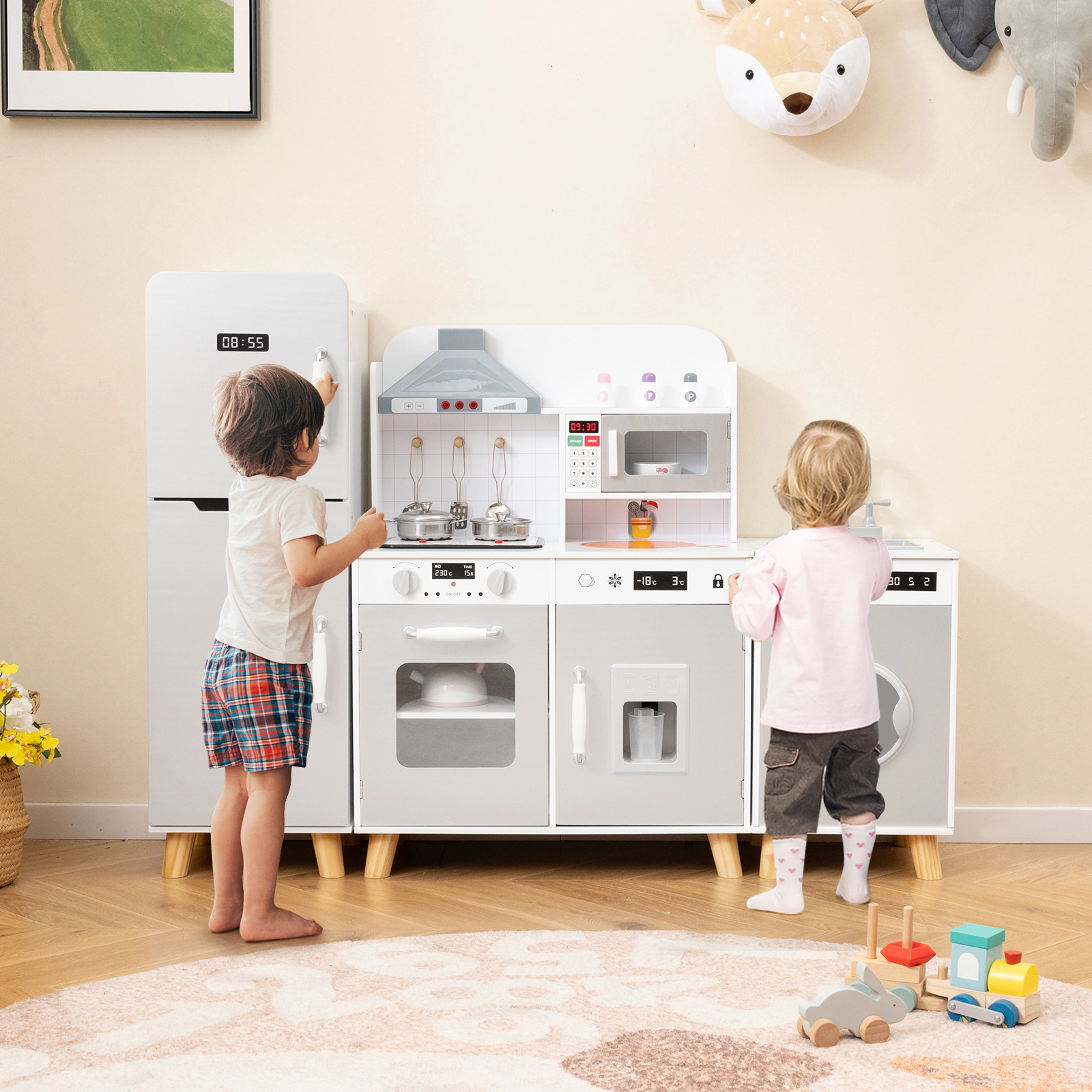 3-in-1 Kids Kitchen Playset Refrigerator Washing Machine 360-Degree Faucet Range Hood 47.5-in x 12-in x 35.5-in Gray