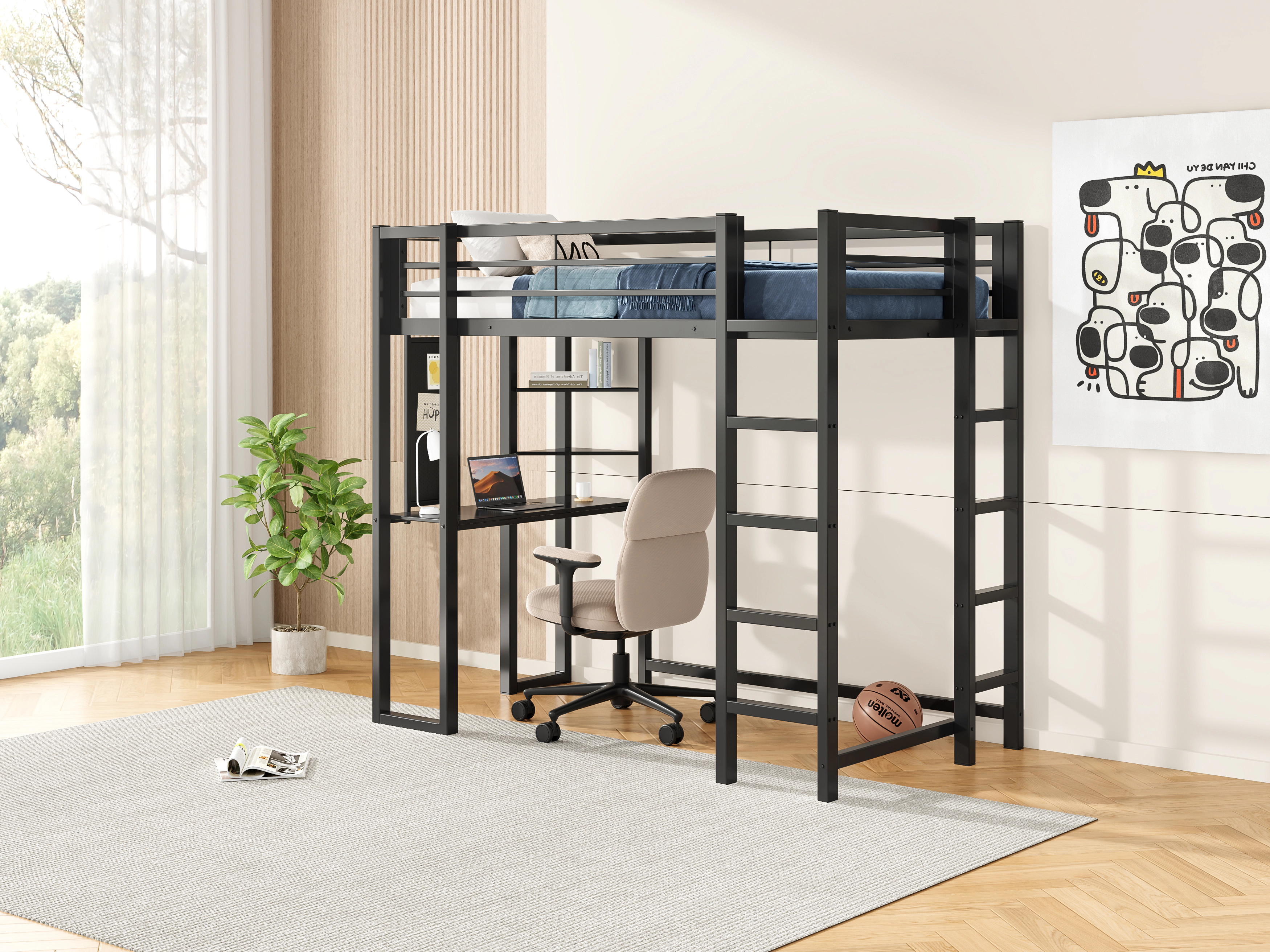 Flynama Twin Metal Loft Bed with Desk & Storage, Black, for Kids & Teens