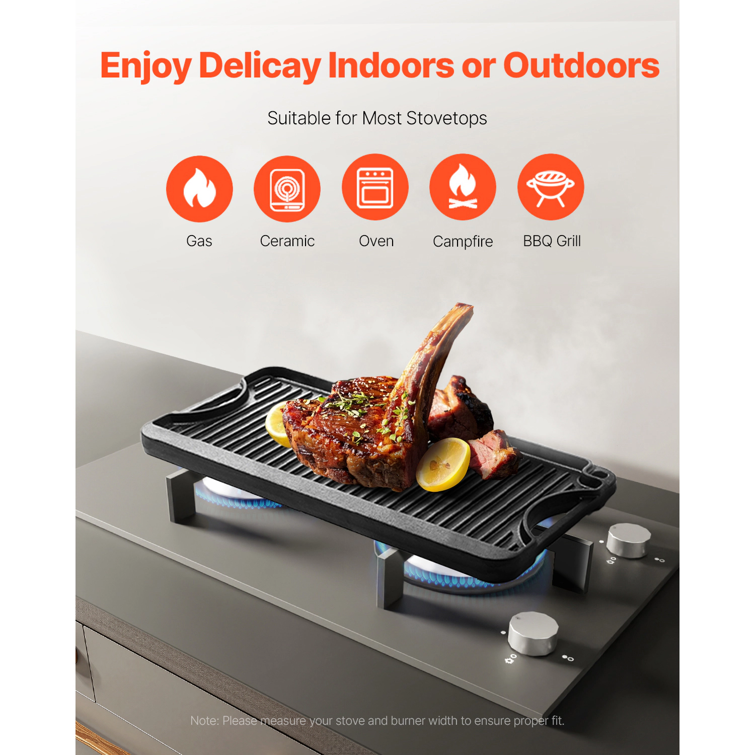 HONGGE Reversible Grill/Griddle Pre-Seasoned Cast Iron Griddle Portable Rectangular Pan with Handle Family Cookware for