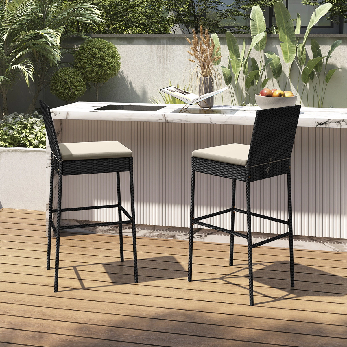 SUGIFT Set of 4 Black Outdoor Bar Stools, 30-Inch Seat, PE Rattan, Cushions