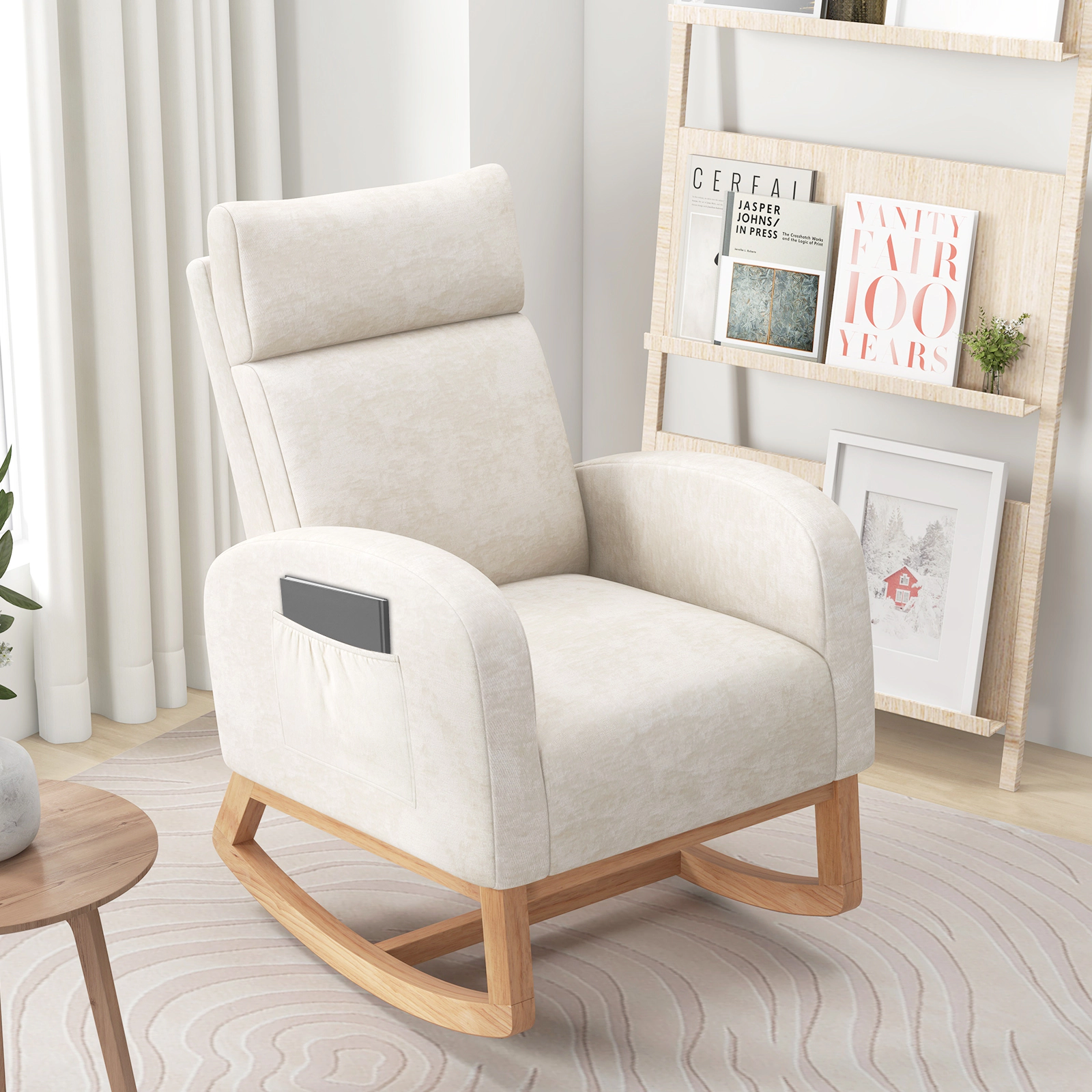 LJG Nursery Rocking Chair Upholstered Chenille Rocker Armchair with Natural Rubber Wood Frame