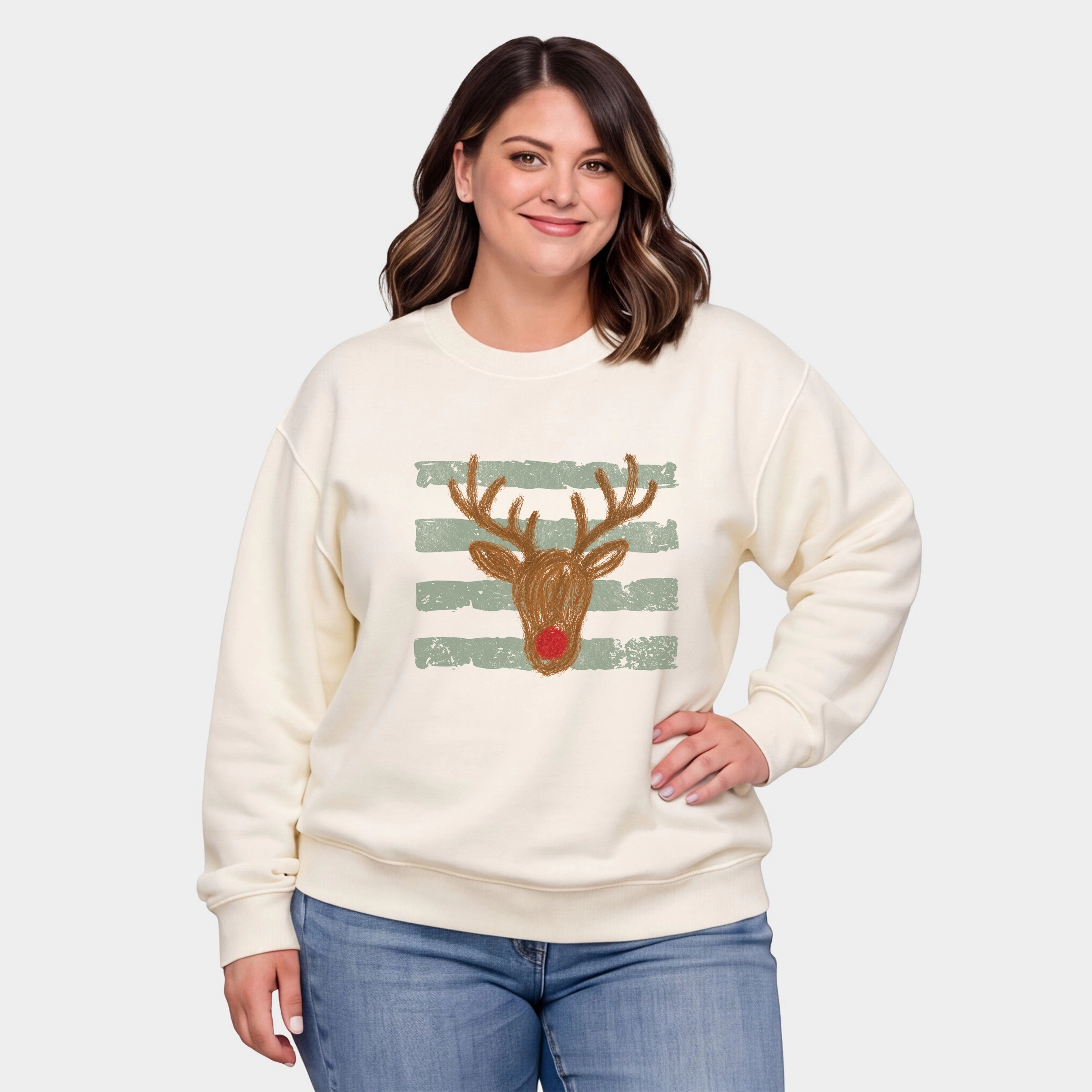 Simply Sage Market - Women's Plus Sized Graphic Sweatshirt Red Nose Deer Stripes
