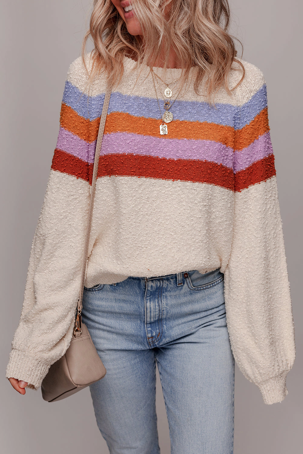 Threaded Pear Women's Ayla Striped Color Block Loose Sleeve Chic Sweater
