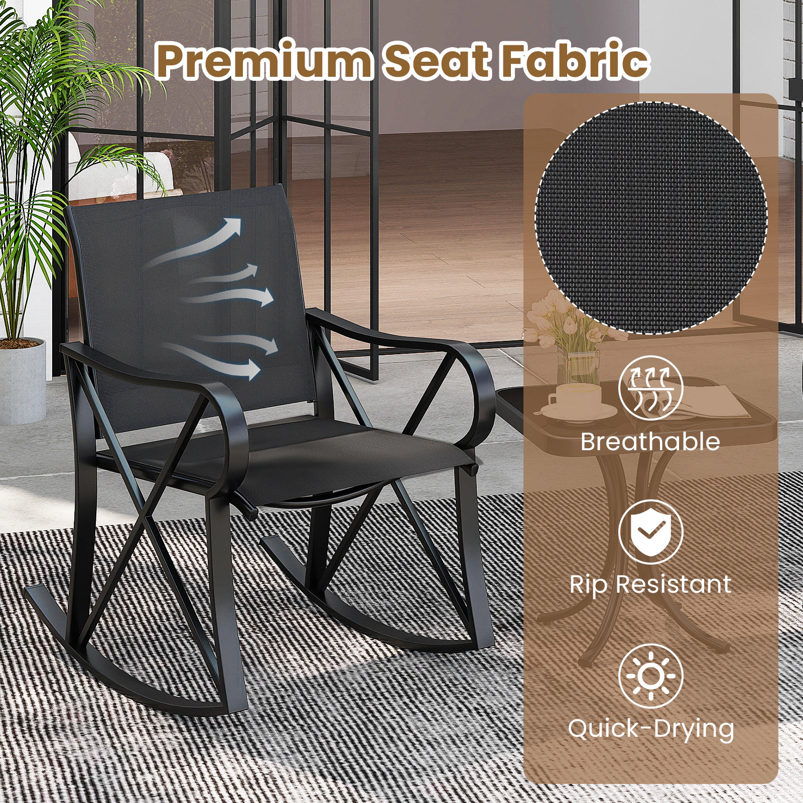 SUGIFT 3 Piece Patio Conversation Set Side Table 330-lb Rocking Chair Capacity 18 x 18 x 17 in Table Brown + Black