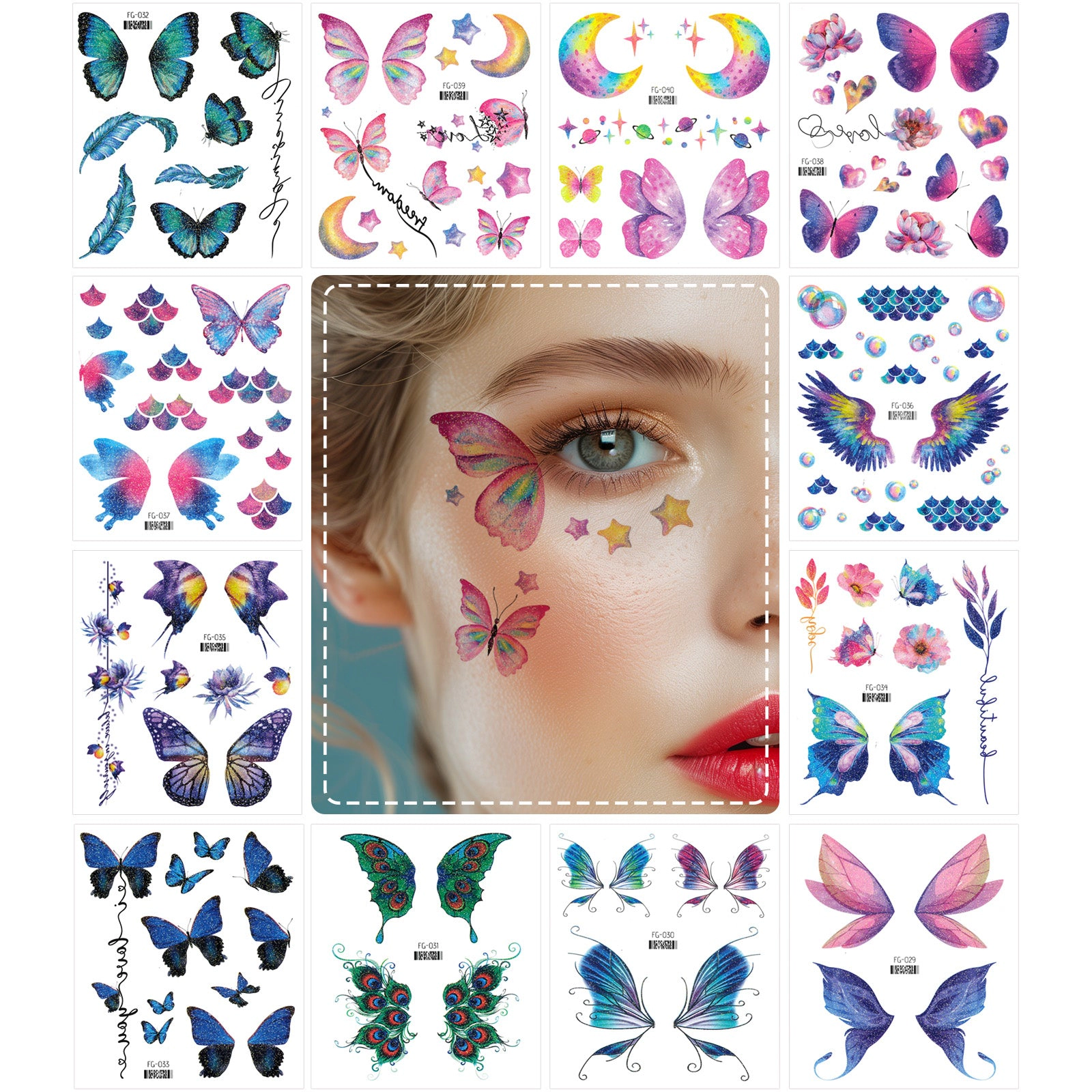 Wrapables Waterproof Glitter Butterfly Wings and Fairy Design Temporary Tattoos for Women (12 Sheets)
