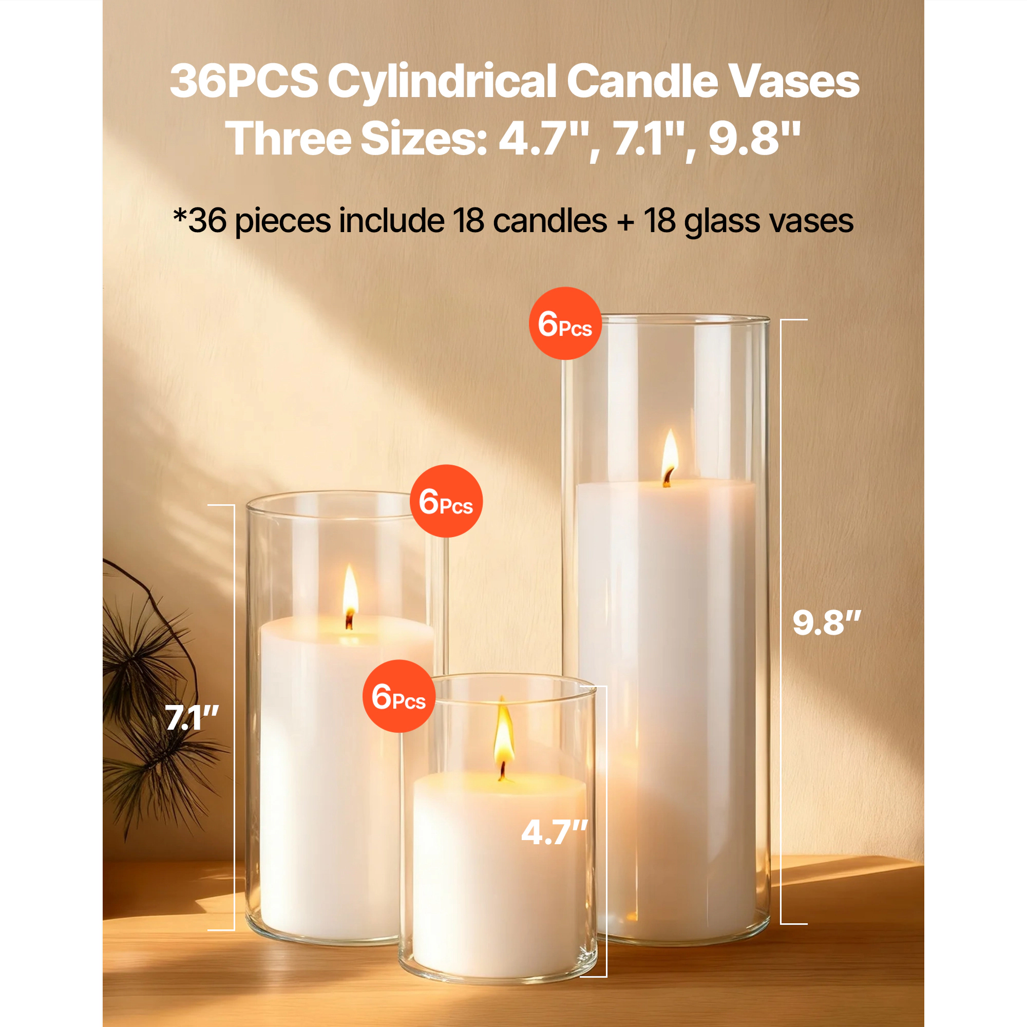 HONGGE Pillar Candles and Glass Vases Set Clear Cylinder Hurricane Candle Holders for Wedding Centerpieces Tall Vase