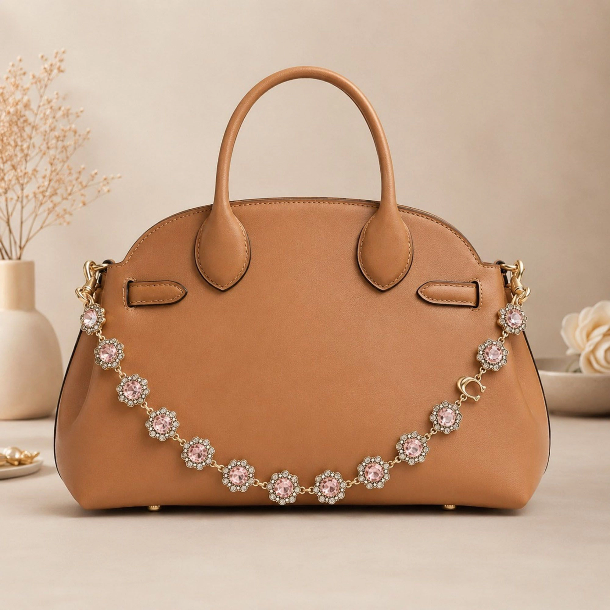Alilang Women's Pink Rhinestone Flower Bag Chain Purse Charm with Gold Tone Clips