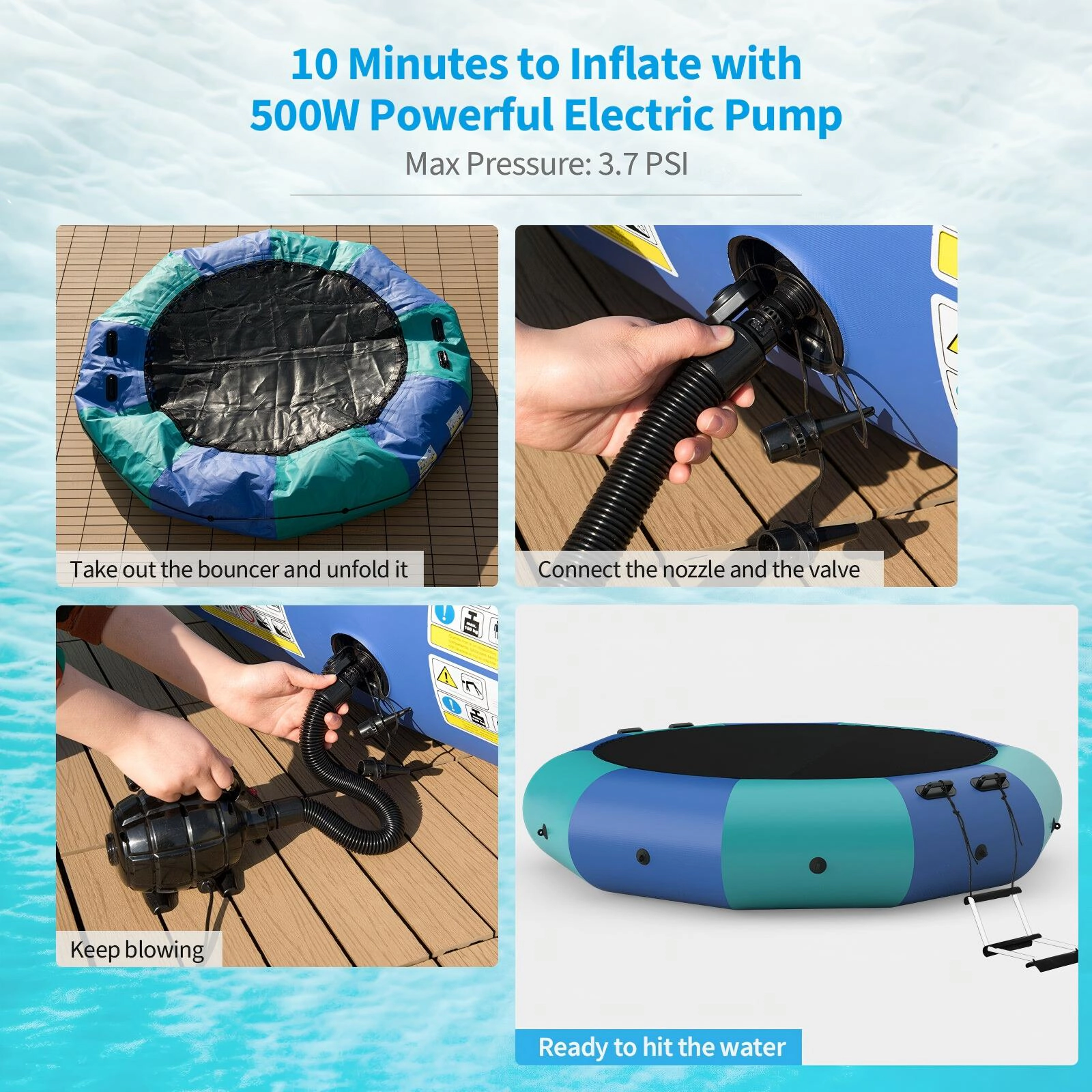 SUGIFT Inflatable Splash Water Bouncer Trampoline 330-lb Capacity Ages 14+ 96.5-in Bouncing Area Yellow/Blue Green