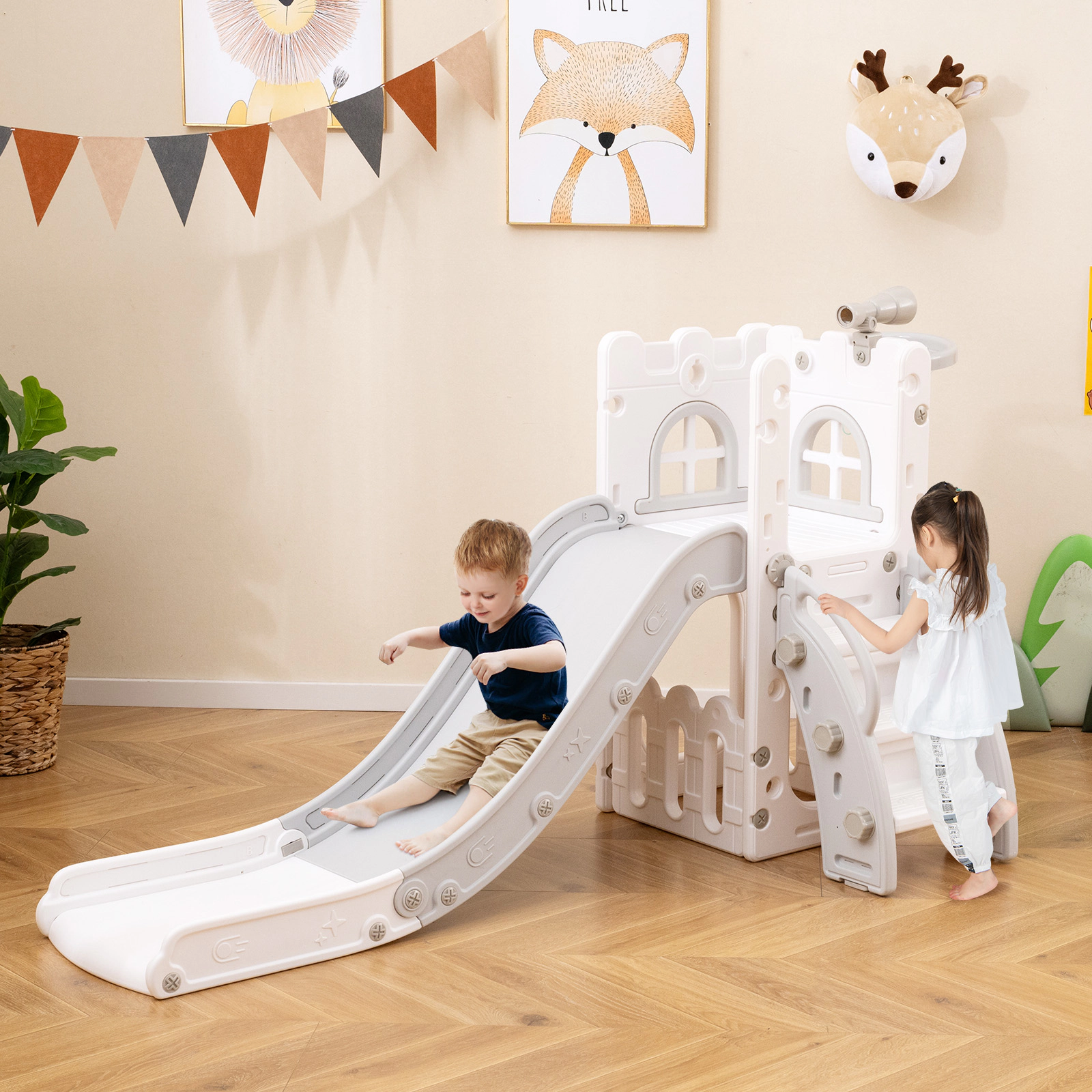 6-in-1 Toddler Slide L-Shaped Playground 51-in Slide Enclosed Non-Slip Steps Basketball Hoop 110-lb Ages 1-3 Gray