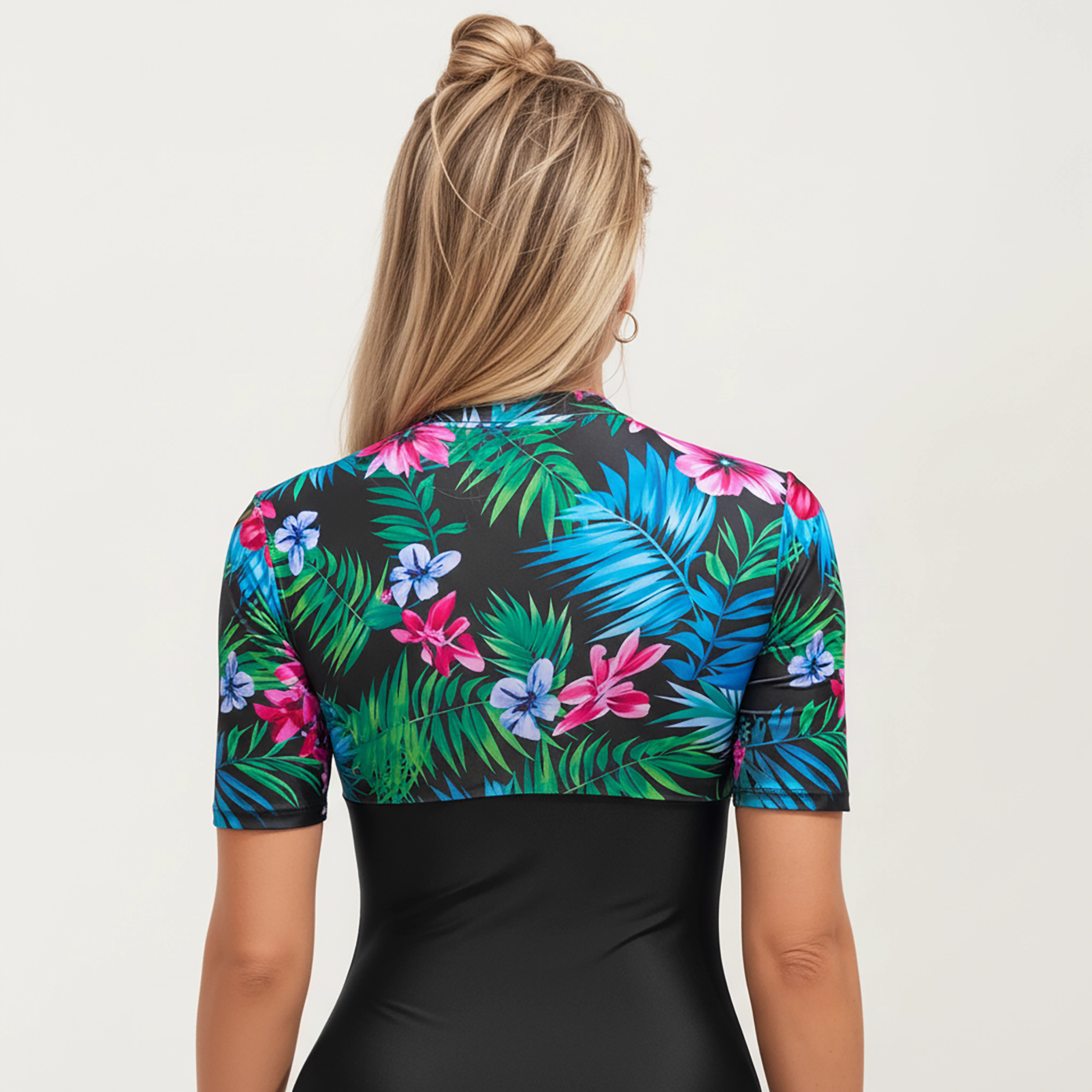 Anna-Kaci Women's Short Sleeve Zip Front One-Piece Swimsuit with Floral Print Yoke Panel