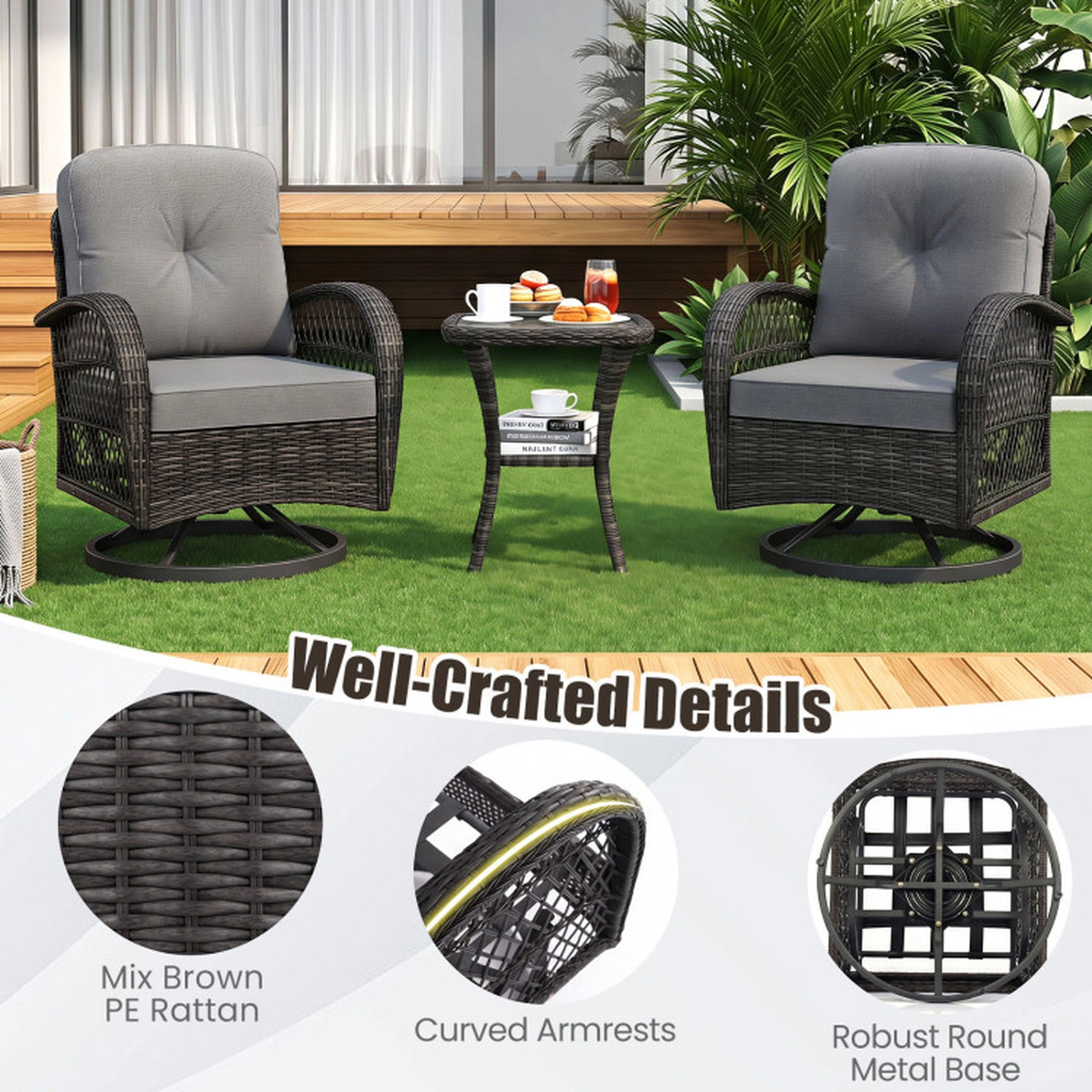 SUGIFT Patio Swivel Rocker Chair Set with Tempered Glass Side Table 400-lb Seat and 110-lb Table Capacity Dark Gray