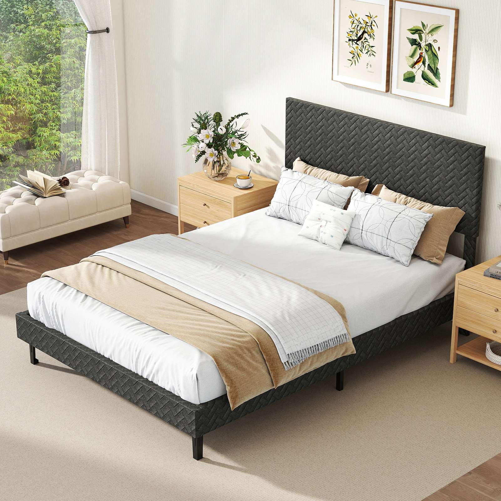 Full Size Velvet Upholstered Platform Bed Frame with Height Adjustable Chevron Headboard 10 Wood Slats Gray