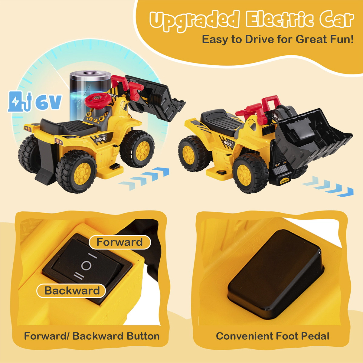 SUGIFT 6V Kids Ride On Bulldozer with Folding Basketball Hoop and 3 Spheres 55-lb Capacity Ages 2+ Yellow