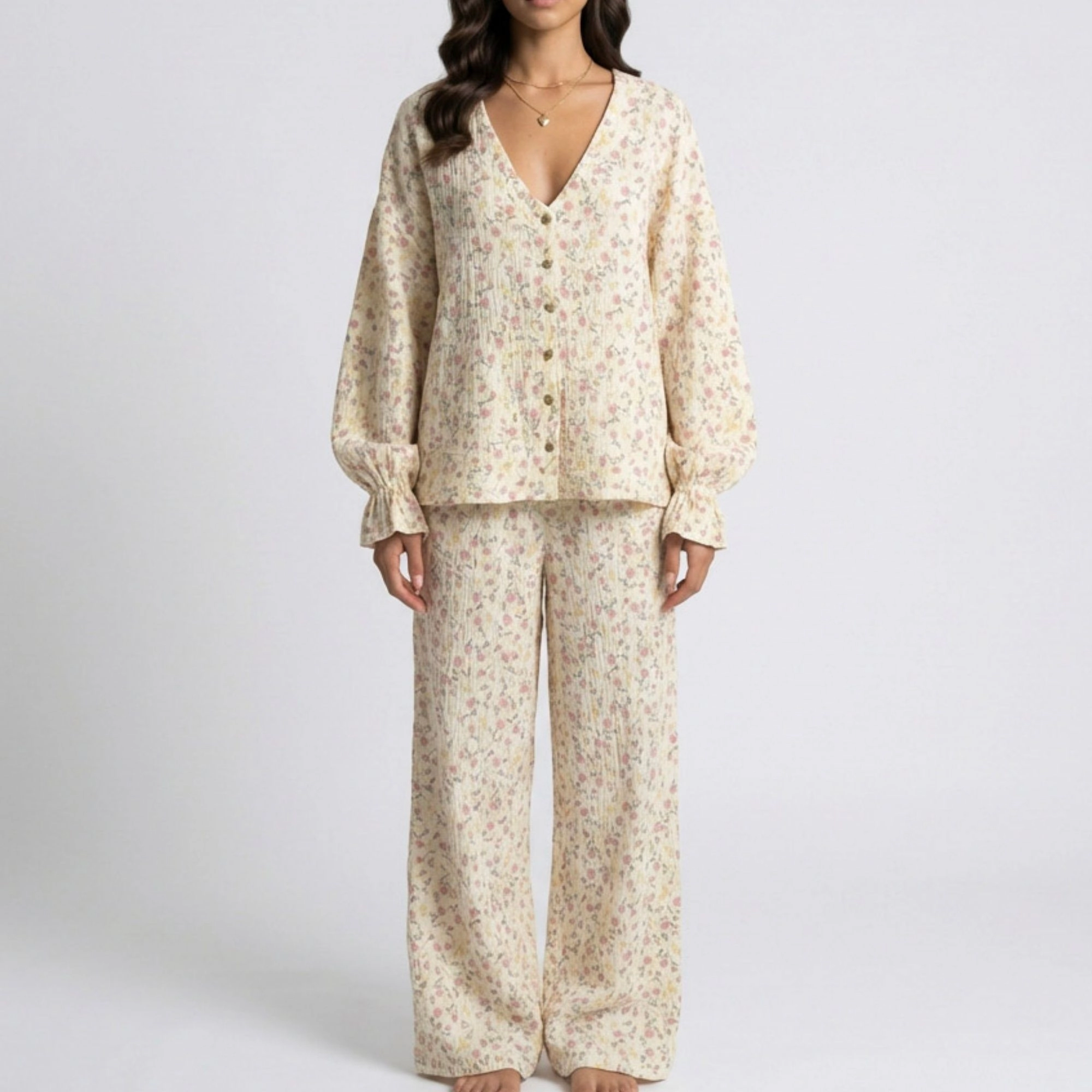 Anna-Kaci Women's Floral Print Woven Pajama Set with V-Neck Button Down Top and Wide Leg Elastic Waist Pants