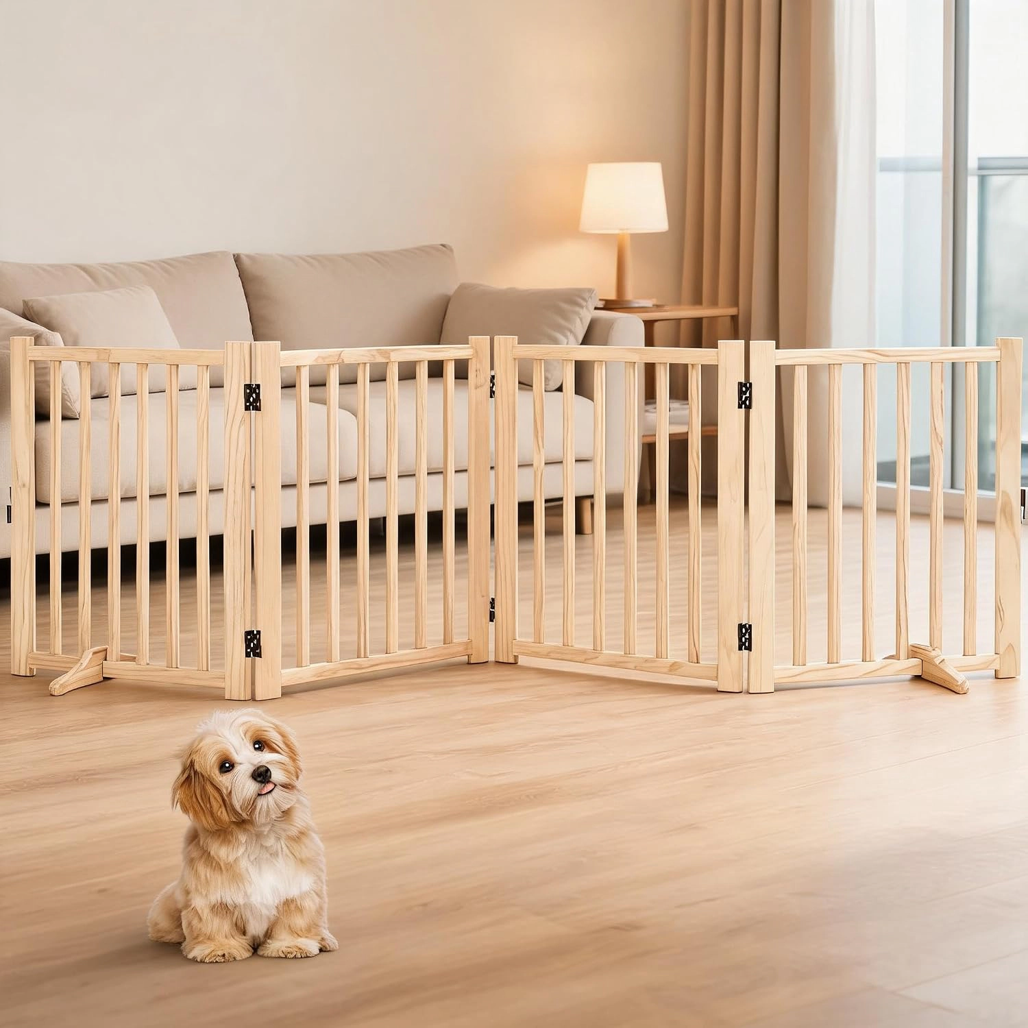 Freestanding Wooden Dog Gate Fence, Indoor Pet Barrier for Doorway & Stairs, Complete Mount Hardware
