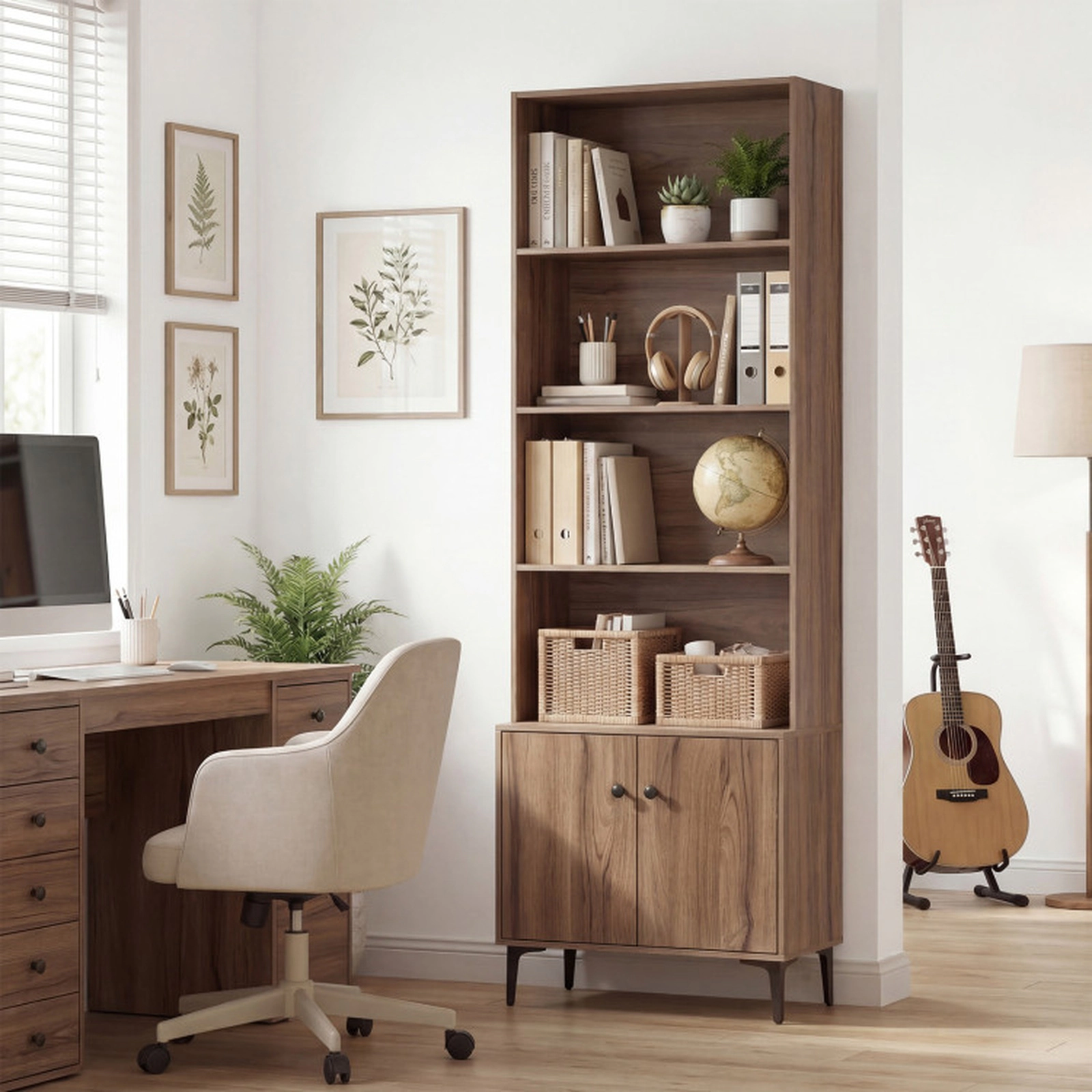 SUGIFT Walnut 68.5-in Tall Bookshelf with Storage Cabinet Doors Open Display Shelves and Metal Legs for Study