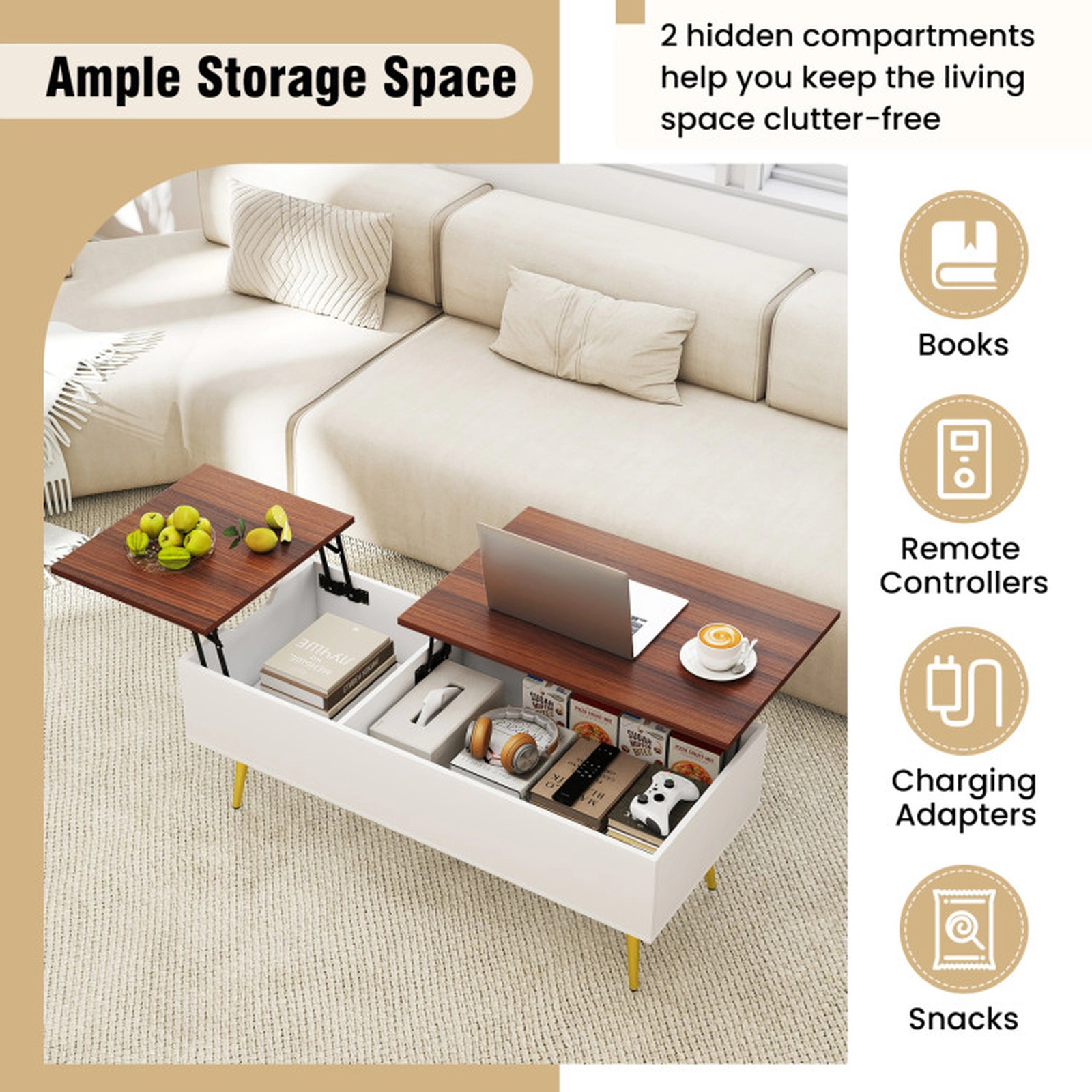 SUGIFT 47-in 132-lb Capacity Dual Pneumatic Lift Top Walnut Coffee Table with 2 Hidden Storage Compartments