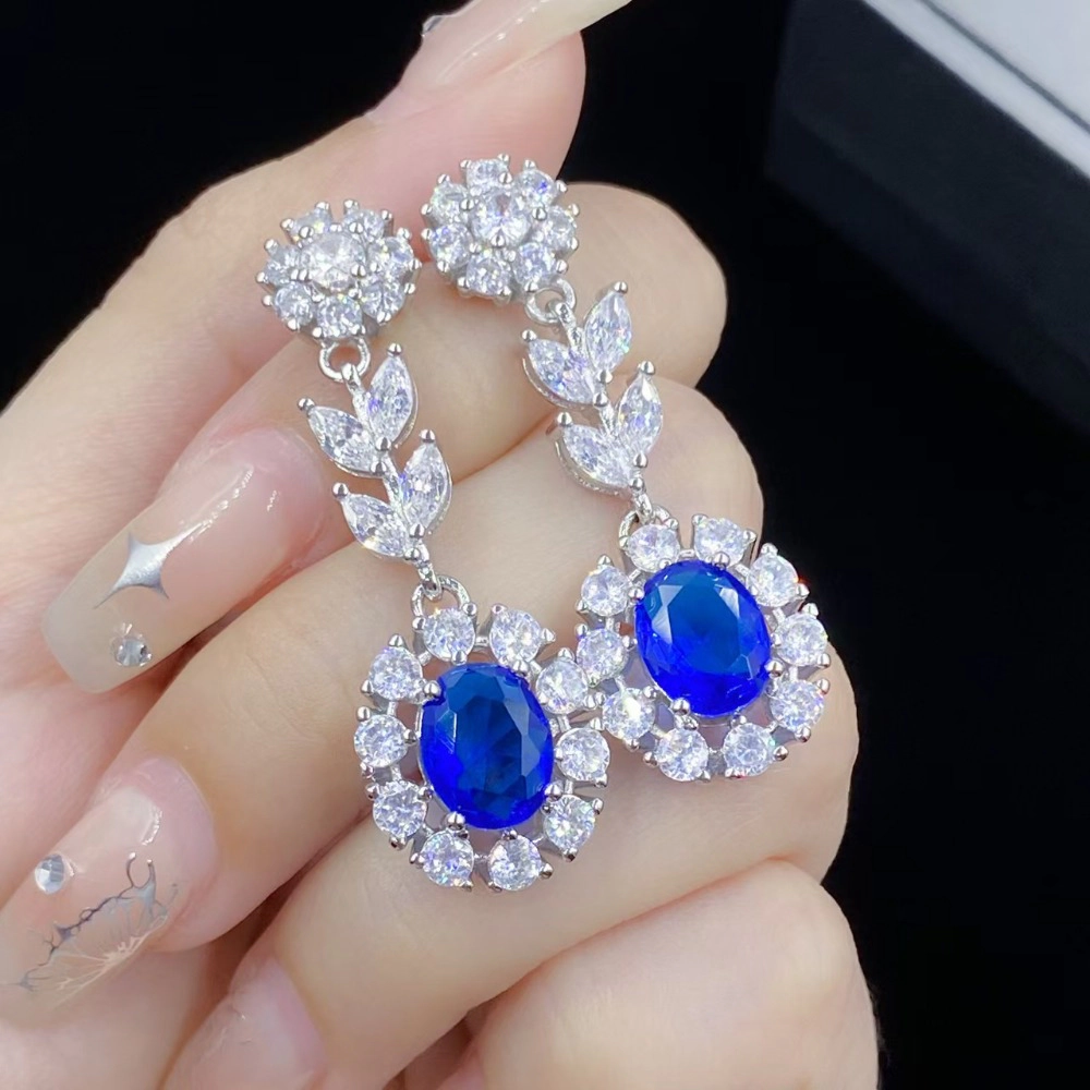 Oval Blue Sapphire Simulant Floral Leaf Dangle Earring