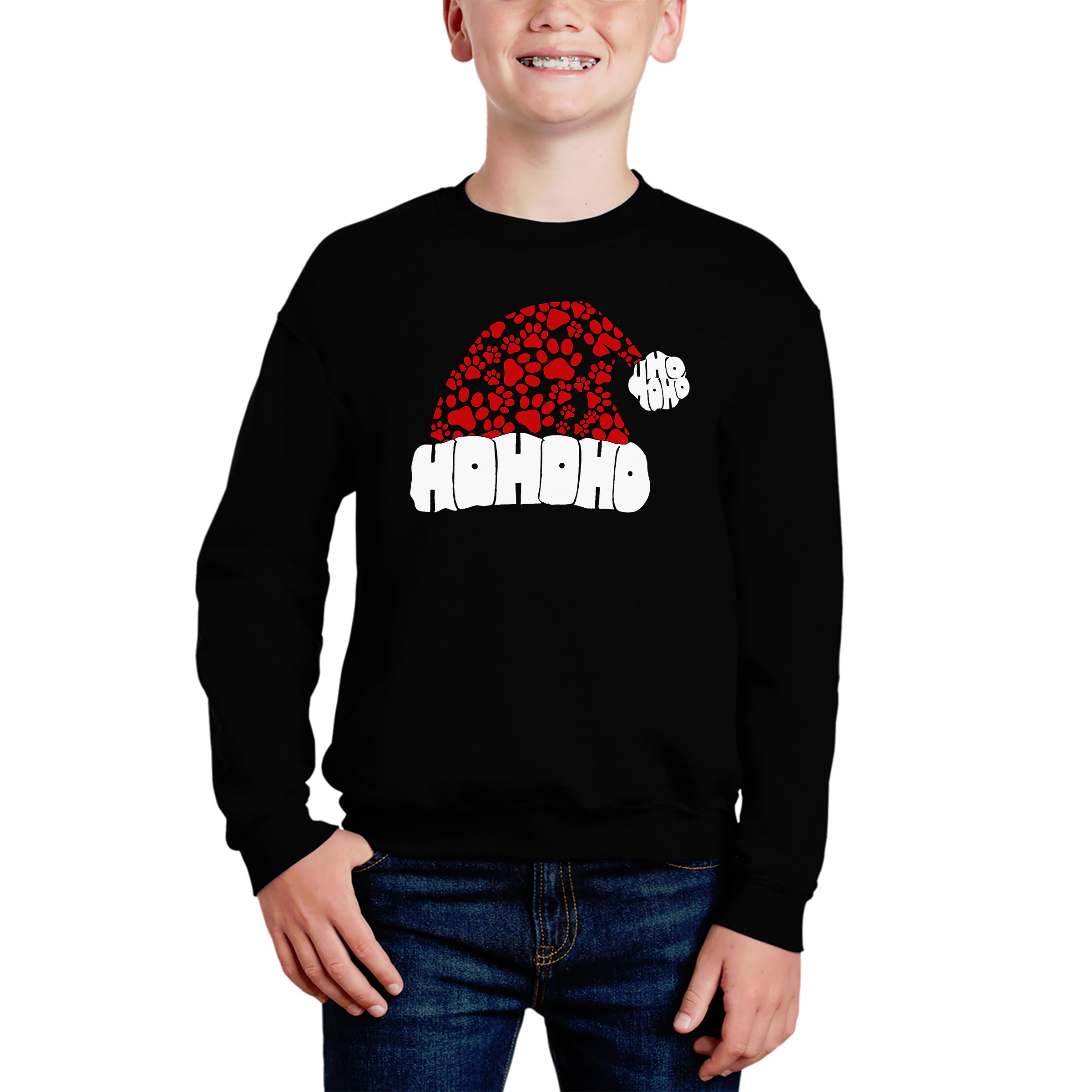 LA Pop Art Boy's Word Sweatshirt - Paw Print Santa Hat