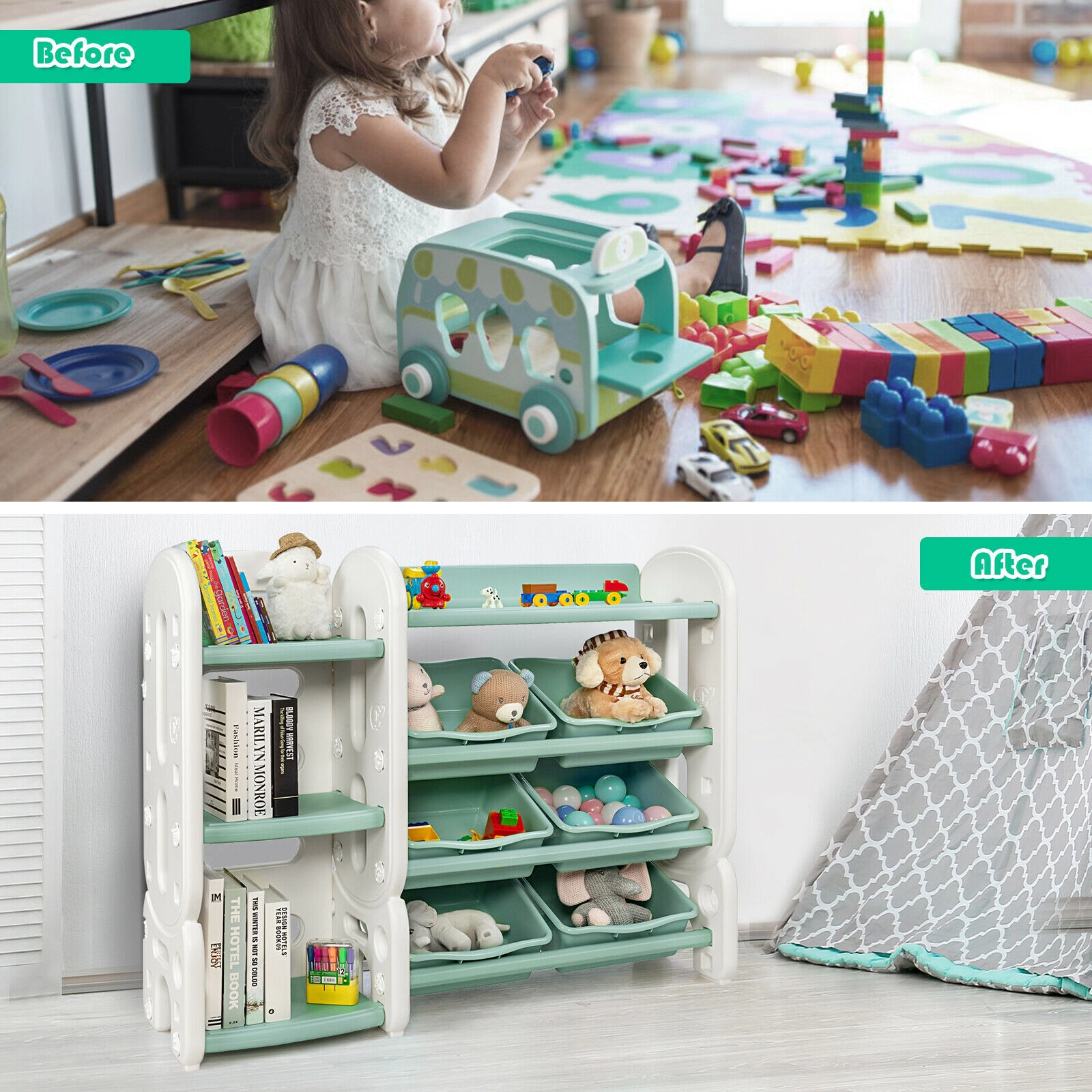 SUGIFT 44-lb Capacity 36-in HDPE Kids Toy Storage Organizer with 6 Tilted Bins and Multi-Layer Bookshelf