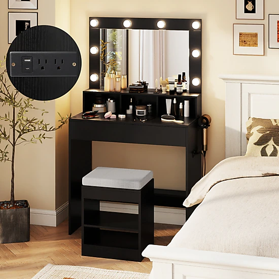 SUGIFT 2-Piece Vanity Set with Lighted Mirror, Storage Stool and Charging Station