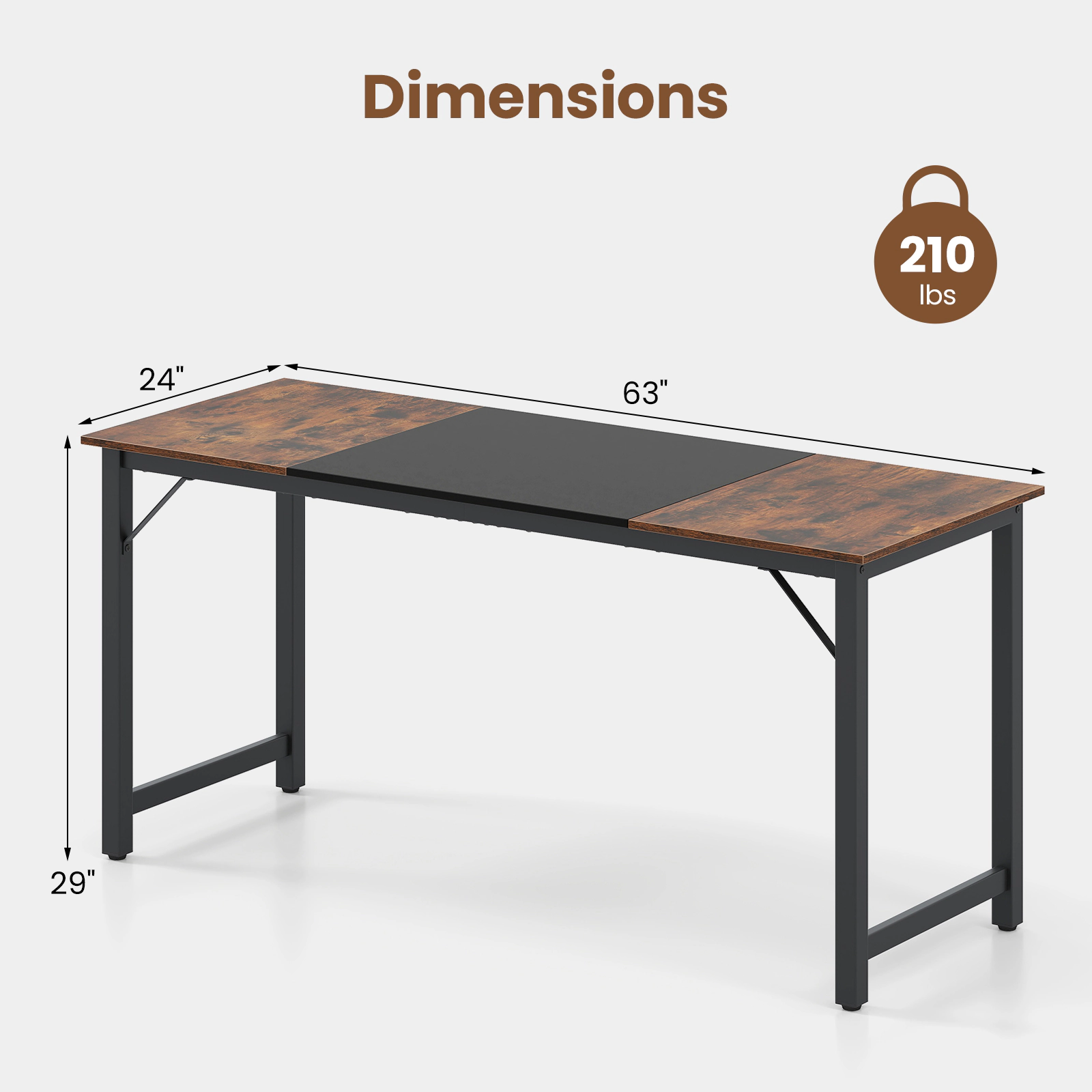 SUGIFT 63-in Modern Splice Computer Desk with Heavy Duty Steel Frame 110-lb Capacity Black Rustic Brown