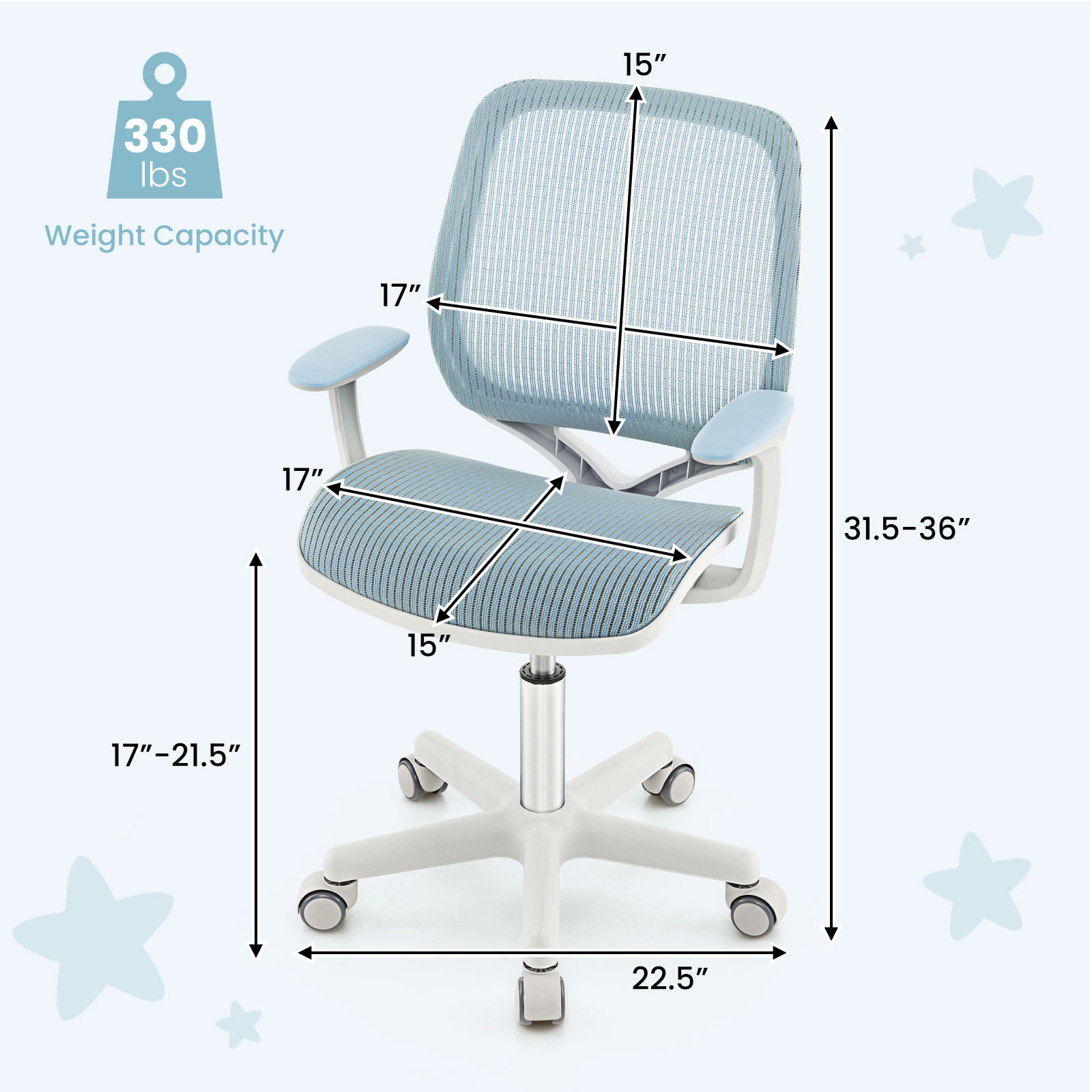 SUGIFT Swivel Mesh Children Computer Chair with Adjustable Height 31.5-36-in Tall 330-lb Capacity Ages 6-15 Blue