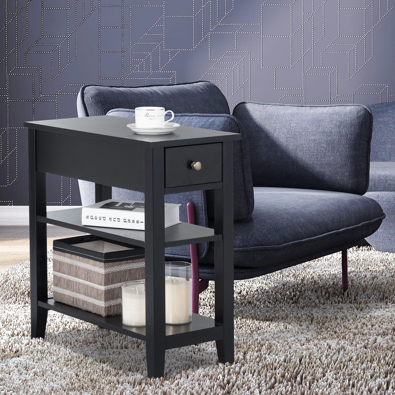 LJG 3-Tier End Table with Drawer Slideway and Double Shelves
