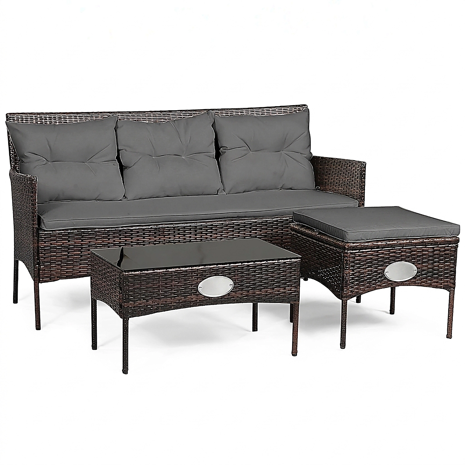SUGIFT 3-Piece Gray Rattan Patio Sofa Set with Ottoman, Glass Table and 5 Cushions