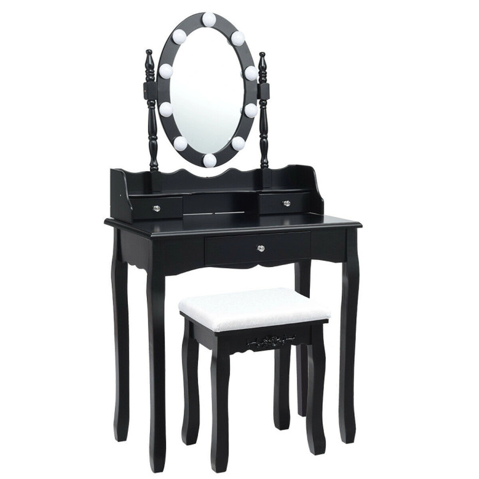 SUGIFT Oval Mirror Vanity Set with 10 LED Dimmable Bulbs and 3 Drawers 287-lb Table Capacity 250-lb Stool Capacity Black