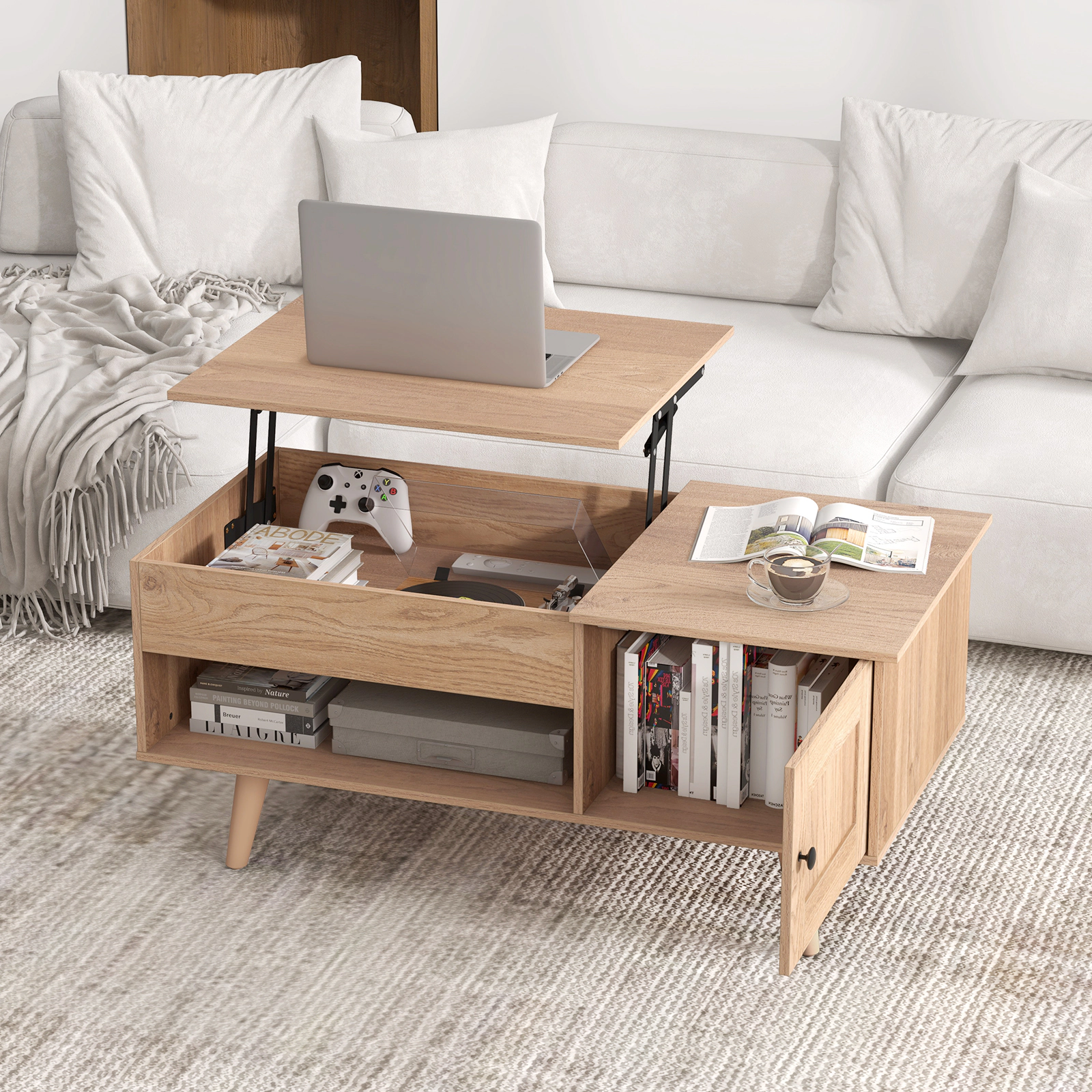 Glintex 39.5-Inch Lift-Top Coffee Table with Cabinet and Hidden Compartment, Natural