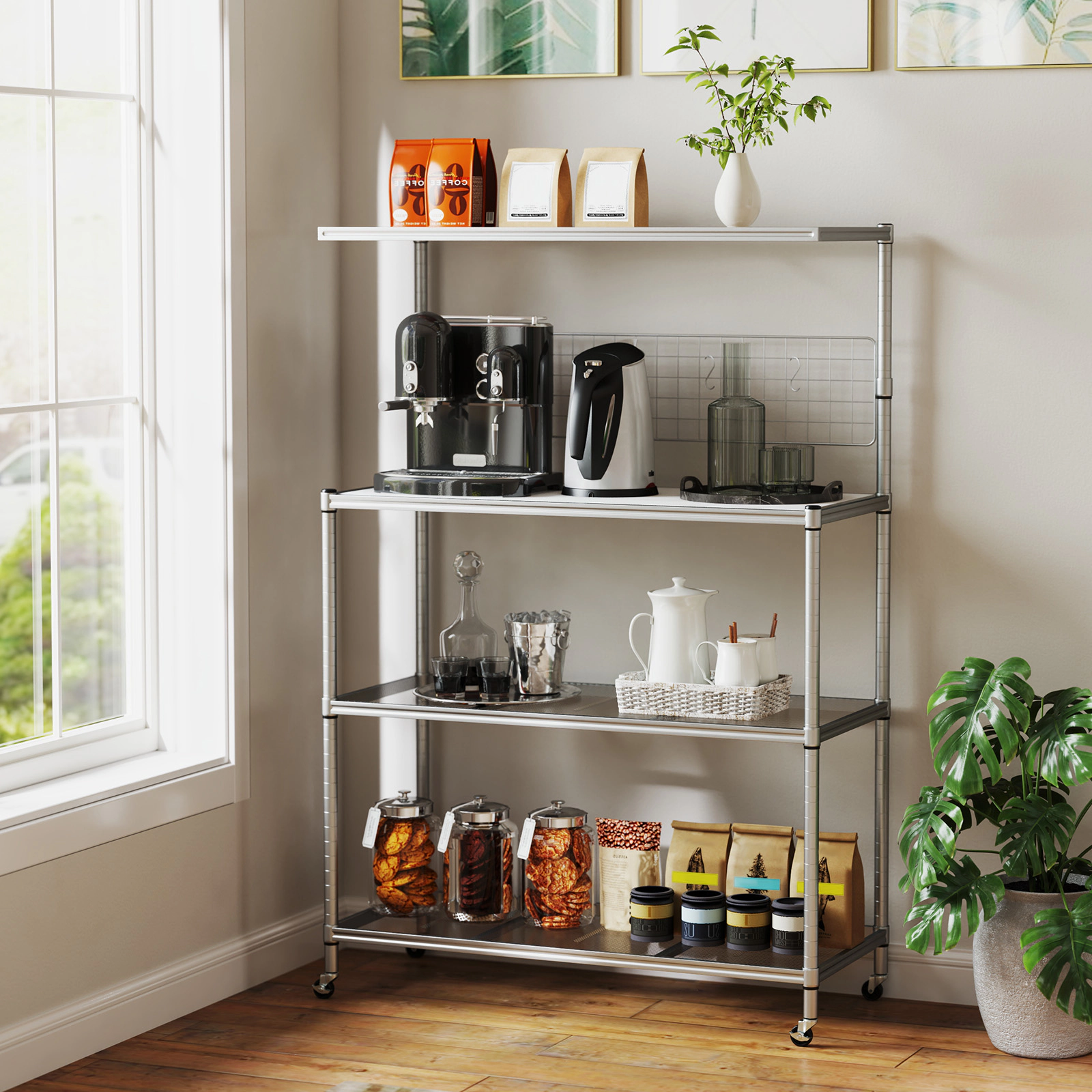 SUGIFT 4-Tier Bakers Rack Silver on Wheels with Adjustable Shelves and Hanging Net