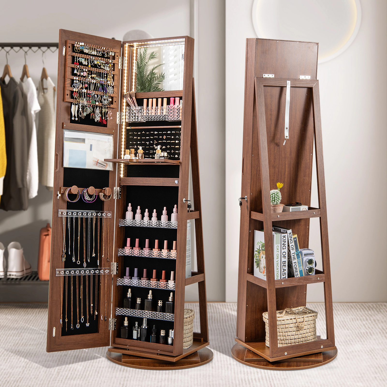 SUGIFT Brown 4-in-1 Rotating Standing Jewelry Armoire Vanity Desk Mirror with Foldable Makeup Shelf