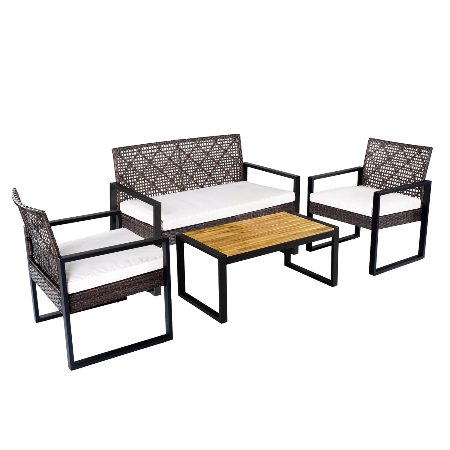 LJG 4-Piece Patio Set with Acacia Coffee Table and Wicker Chairs for Backyard