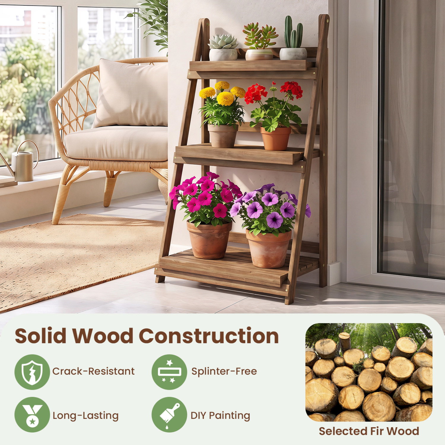 LJG 3-Tier Foldable Plant Stand with Slatted Shelves and Fir Wood Frame