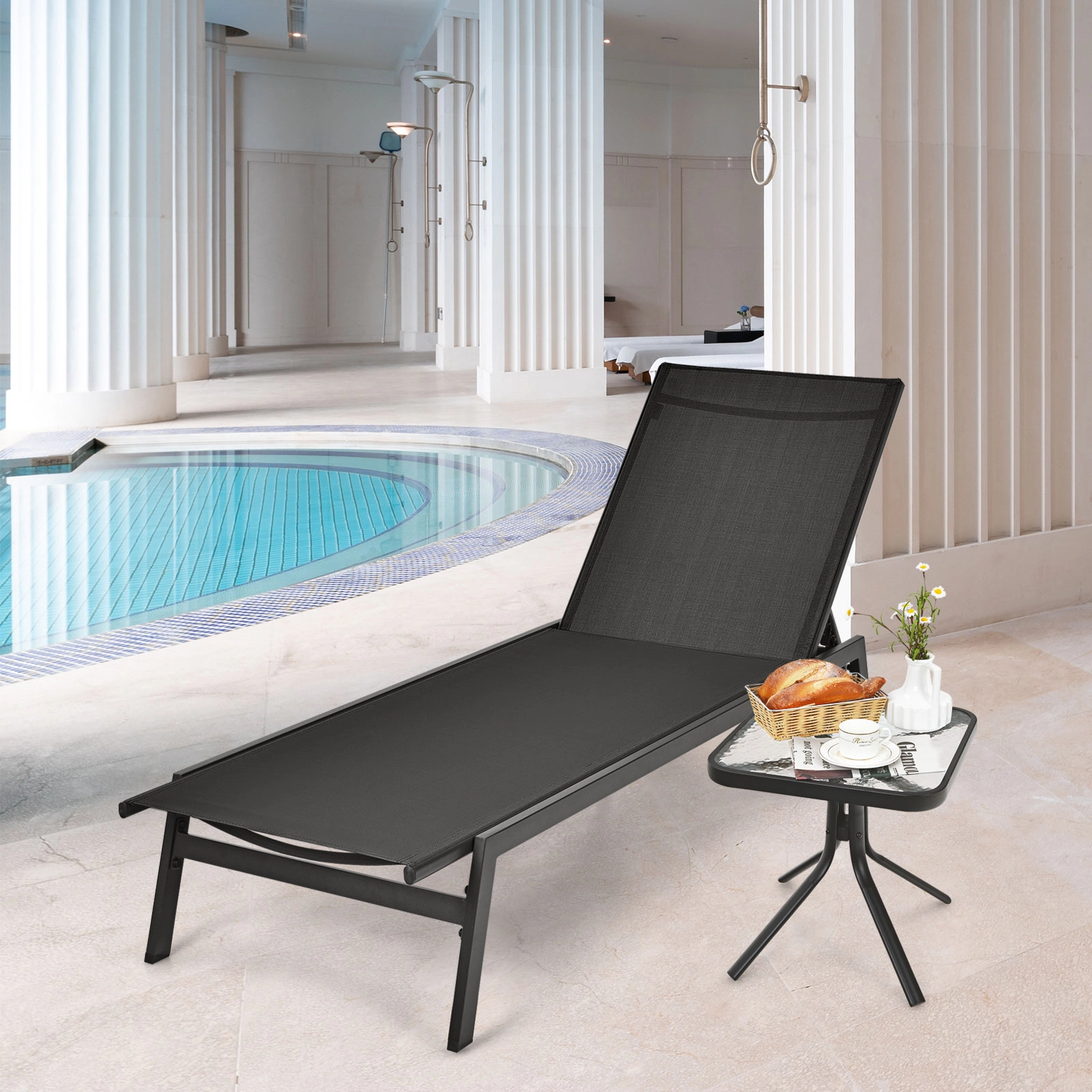 SUGIFT Black 6-Position Adjustable Back Powder-Coated Steel Outdoor Reclining Chaise Lounge Chair