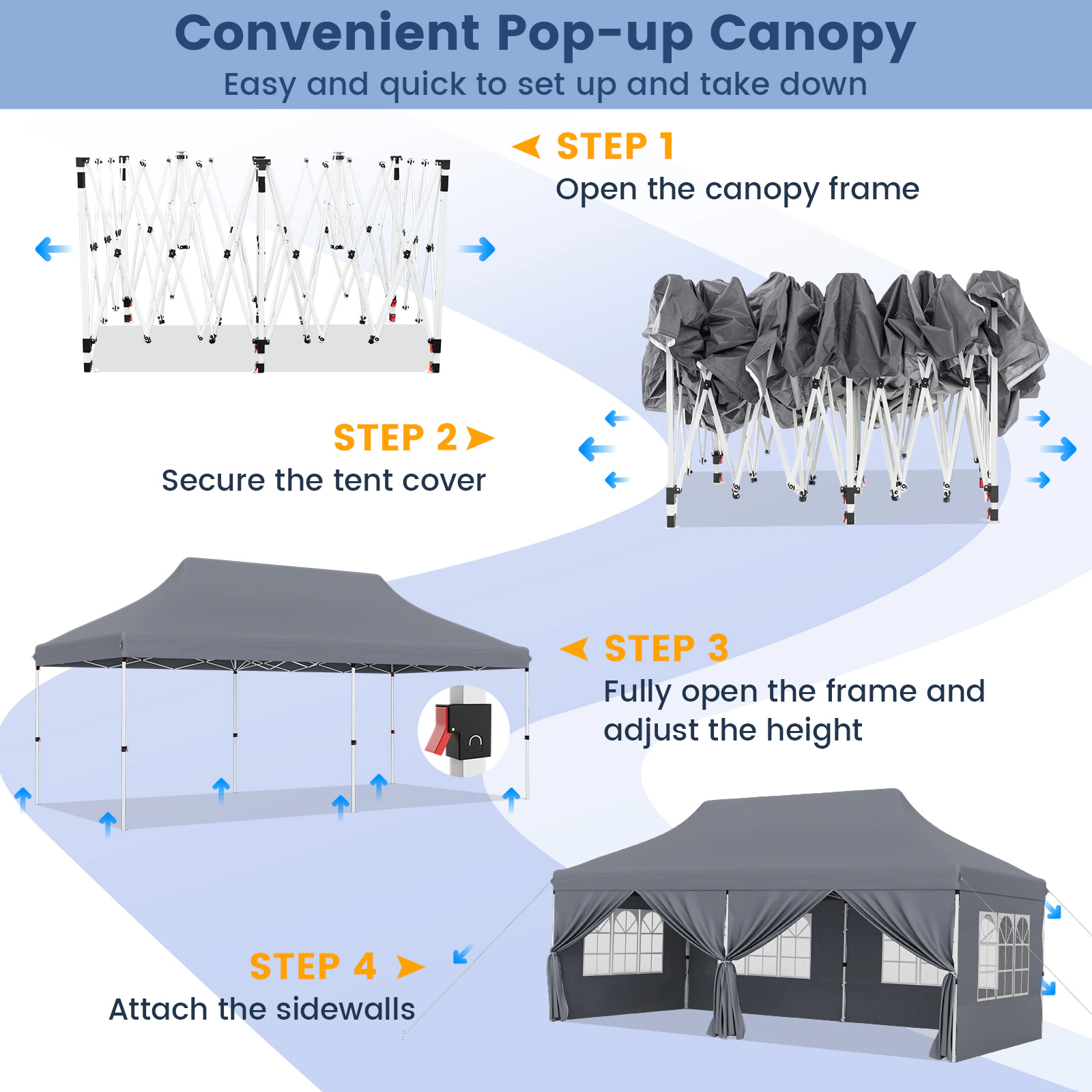 SUGIFT Gray 10-ft by 20-ft 3-Level UPF50+ 210D Oxford Pop Up Canopy Tent with 6 Sidewalls and Windows